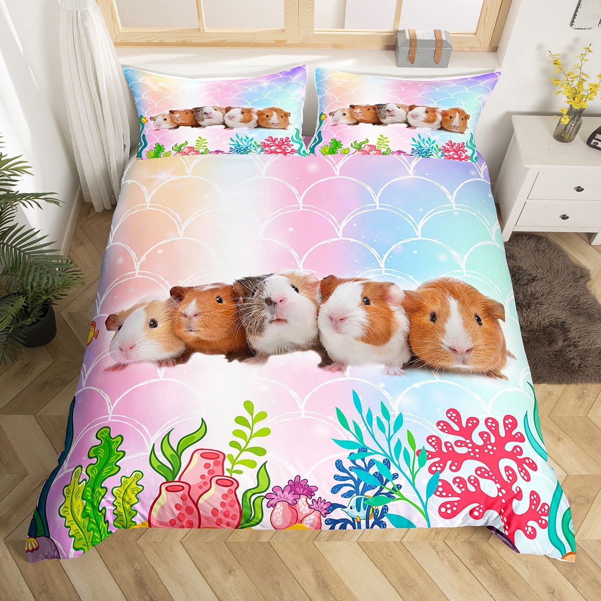 Castle Fairy Cute Guinea Pig Bedding Set 2 Pieces | Shiny Mermaid Fish Scale Comforter Cover | Fantasy Undersea World Twin Size Bedding | Ultra Soft Quilt Cover for Boys & Girls | Perfect for Kids' Bedrooms, Sleepovers & Themed Decor