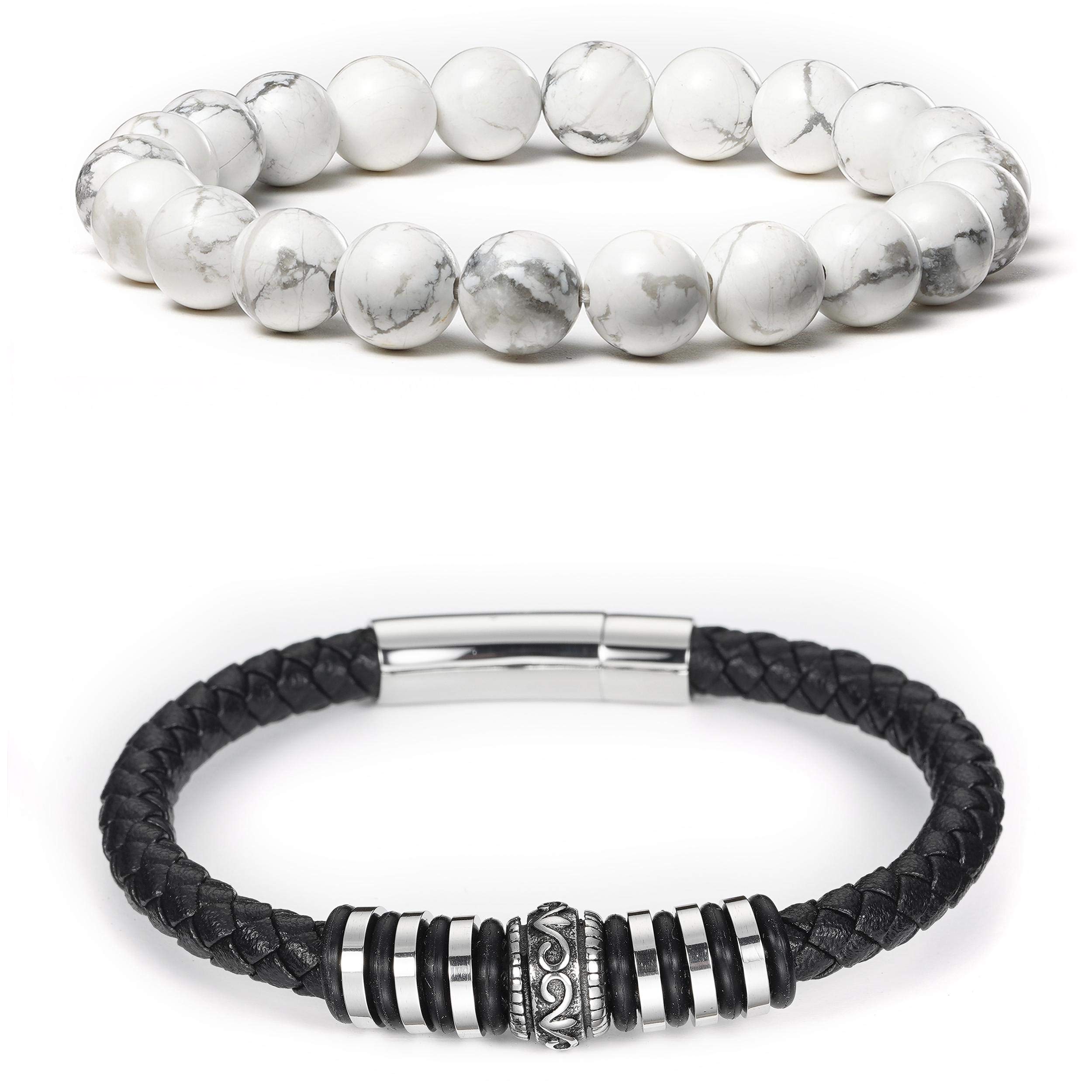 BINLUN 2-Pack Men's Black Braided Leather Bracelet Set with Magnetic Clasp & White Turquoise Healing Beads - Stylish Woven Leather Bracelets for Men, Gift for Boyfriend, Husband - Perfect for Casual Wear, Date Night, Office & Everyday Fashion Accessories