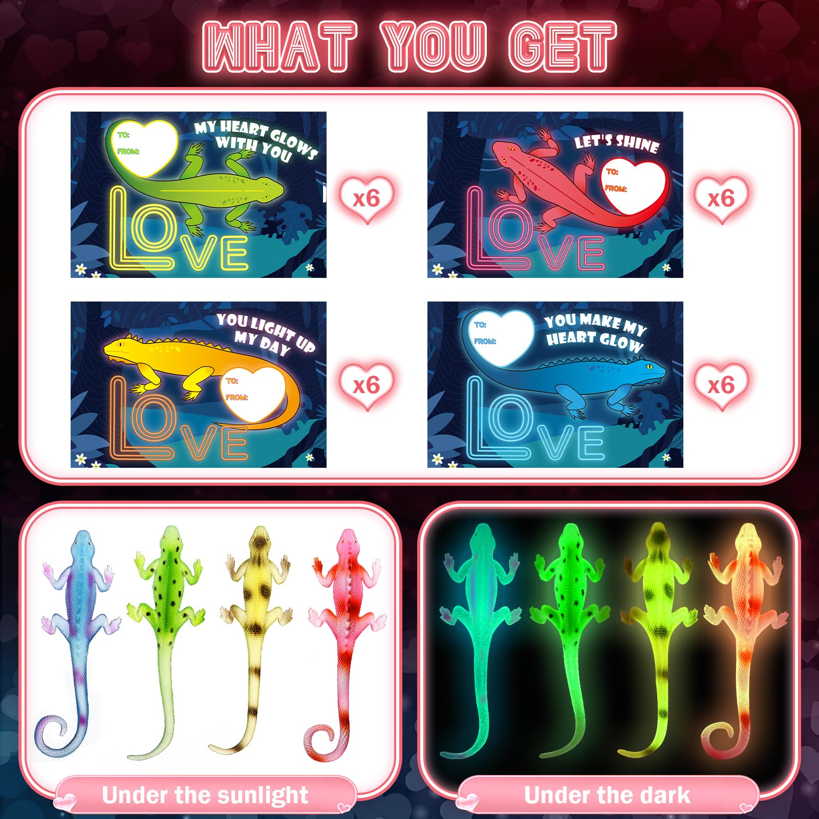 24 Pack Glow in The Dark Lizards Valentine Cards for Kids - Classroom Exchange, School Party Favors & Prizes | Fun Valentine's Day Gifts for Classroom Activities & Holiday Celebrations