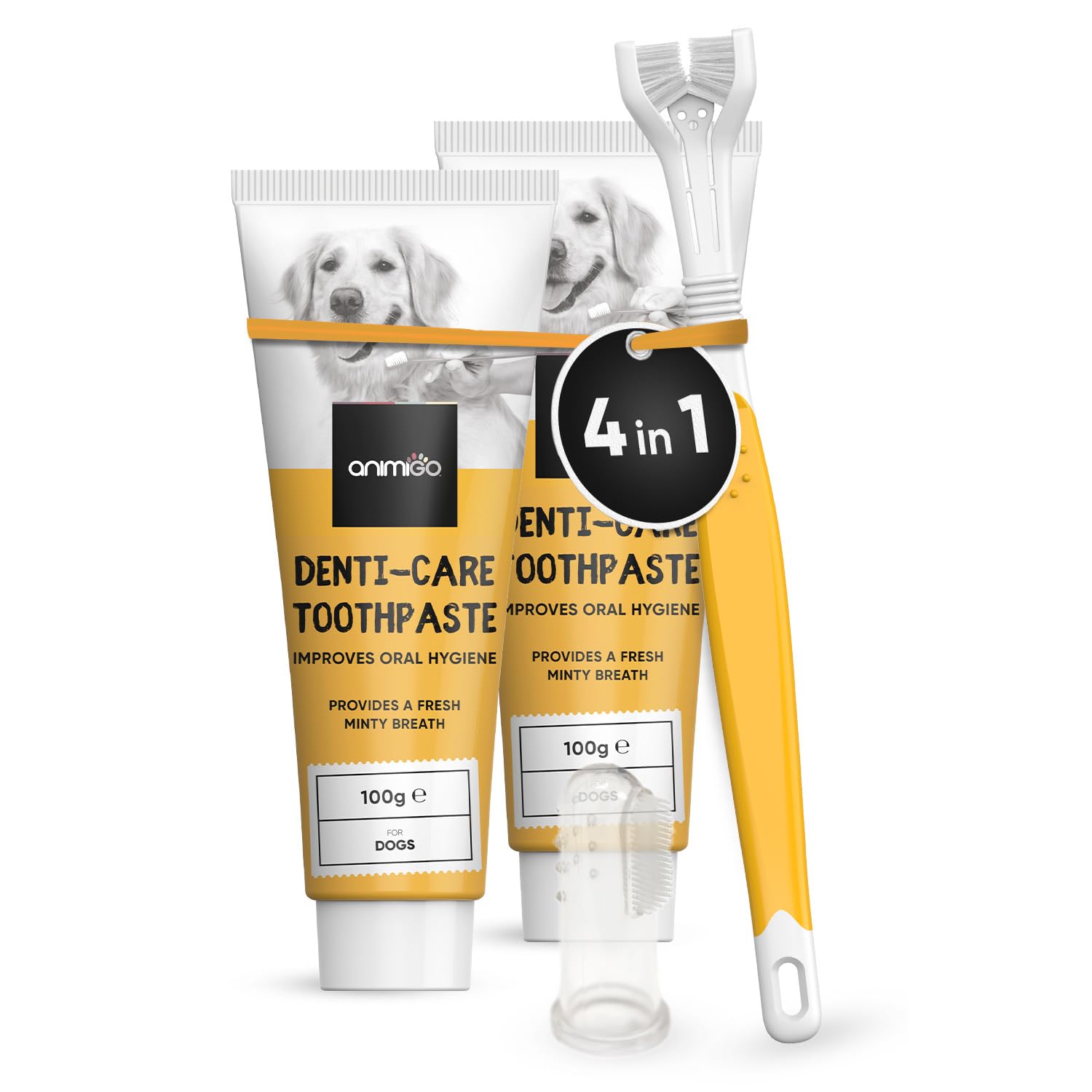 Dog Toothbrush and Toothpaste Kit for Dental Care - 2X 100g Dog Toothpaste for Plaque Removal & Fresh Breath, 1x Triple-Head Toothbrush for Tartar Control & 1x Finger Toothbrush - Complete Dog Teeth Cleaning Set for Small, Medium & Large Breeds - Perfect for Daily Oral Hygiene at Home