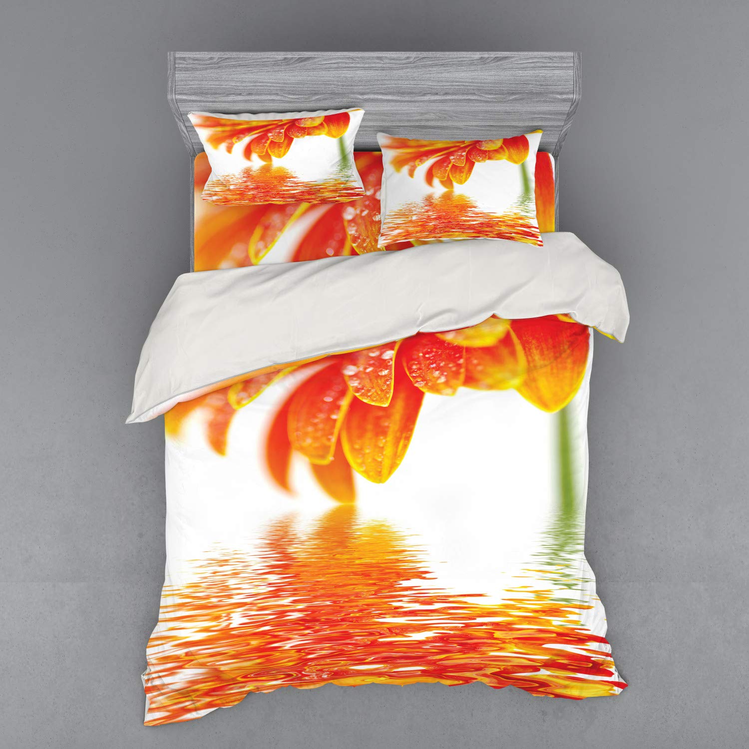Ambesonne Sunflower Duvet Cover Set - 4 Piece Queen Size Bedding with Shams & Fitted Sheet - Vibrant Orange Floral Design with Water Reflection Pattern - Perfect for Spring/Summer Bedroom Decor & Guest Room Styling