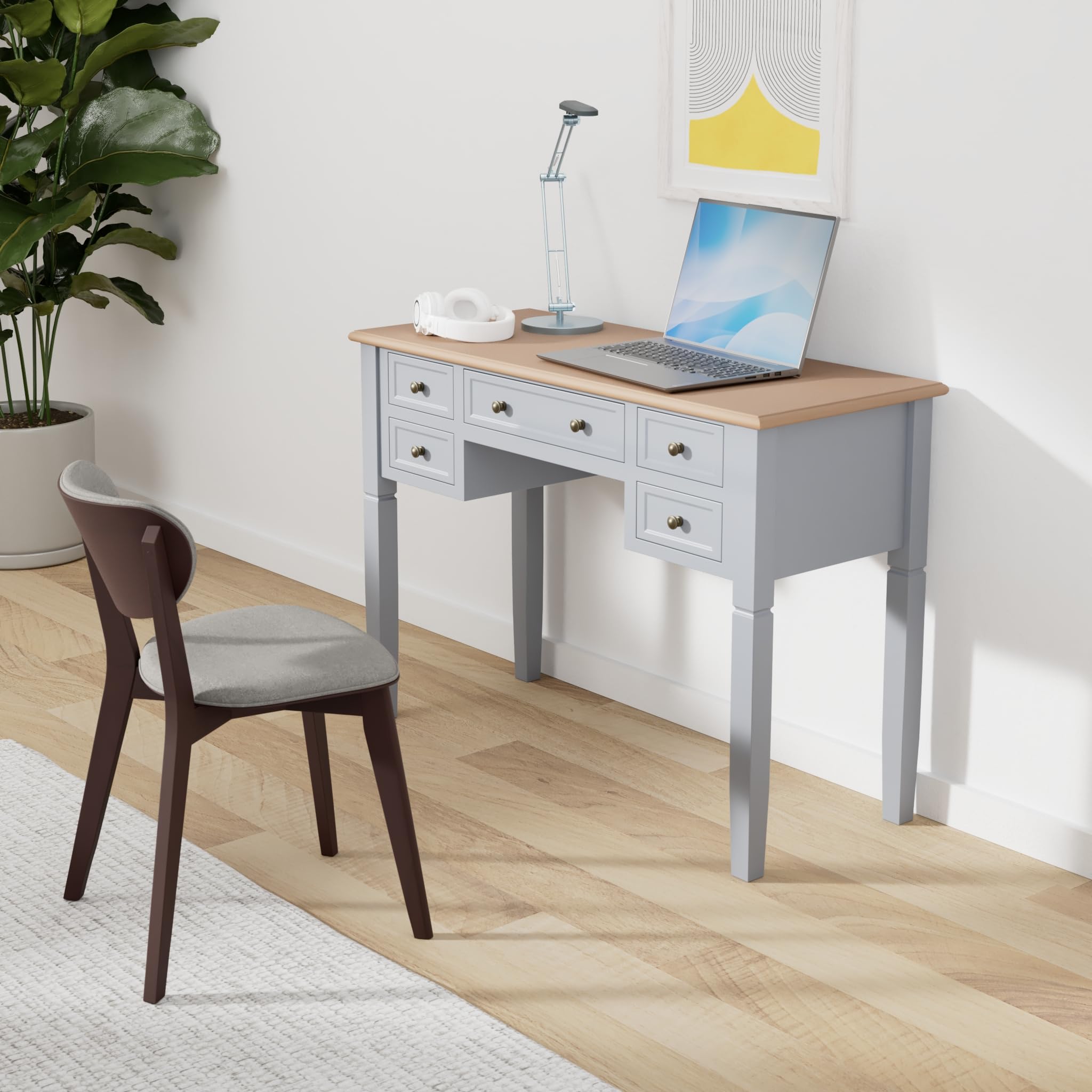 Gray Wooden Writing Desk with Storage Drawers - Solid MDF & Pinewood Construction, Spacious Work Surface for Home Office, Study or Dorm Room - Classic Timeless Design for Work, Study & Creative Projects