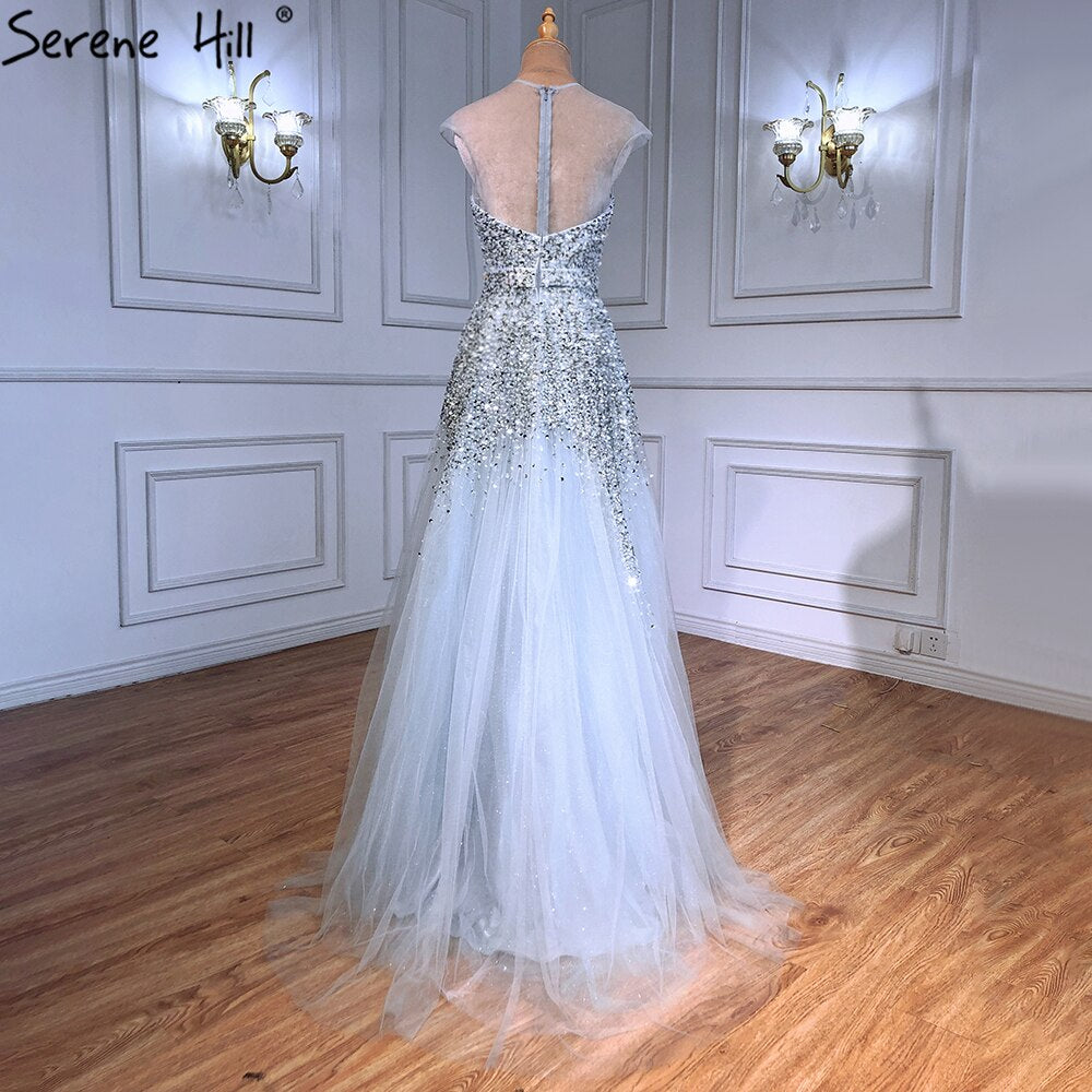 Serene Hill Luxury A-Line Grey Evening Dresses for Women 2025 - Beaded Detachable Sleeves Formal Gowns for Parties, Prom, Weddings & Special Occasions