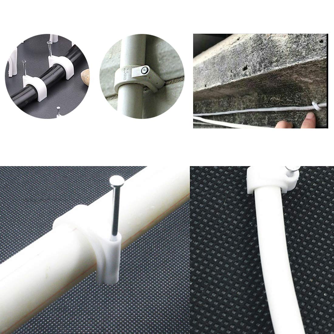 200-Pack White Cable Wire Clips with Round Steel Nails - 10mm Nail-in Cable Organizers for Ethernet, RG6, RG59, CAT6 & RJ45 Cables - Perfect for Home Office, Data Centers & Cable Management