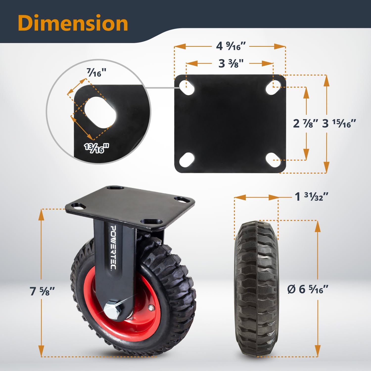 POWERTEC 6 Inch Heavy Duty Caster Wheels Set of 4 (2 Swivel & 2 Fixed) - Large Rubber Knobby Tread Casters for Workbench, Dolly, Cart, Trolley, Wagon, Chicken Coop - Ideal for Workshop, Garage, Warehouse & Industrial Use (17054V)