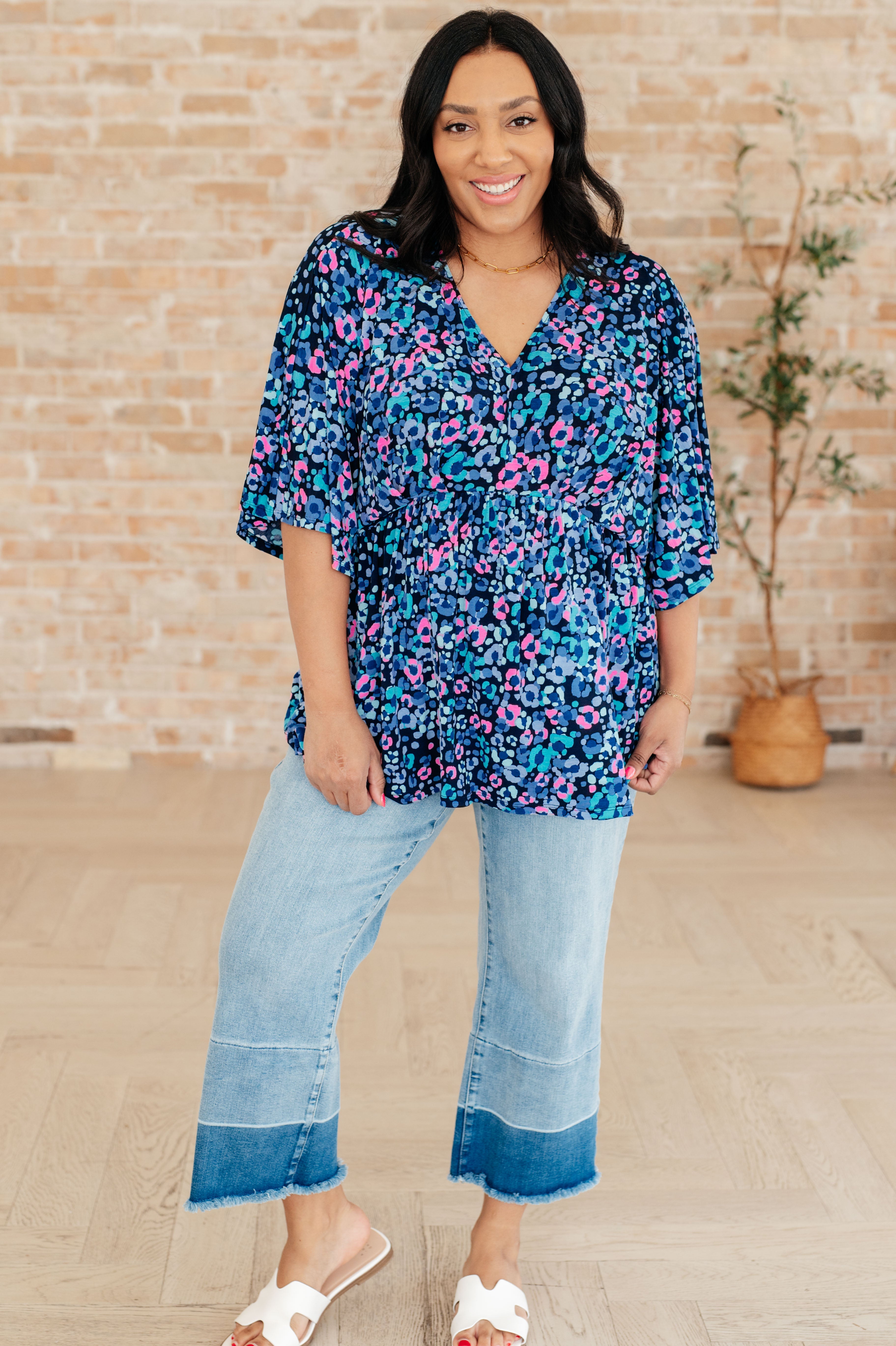 Dear Scarlett Navy & Lavender Animal Print Peplum Top for Women - Stylish Blouse for Party, Date Night & Casual Outfits