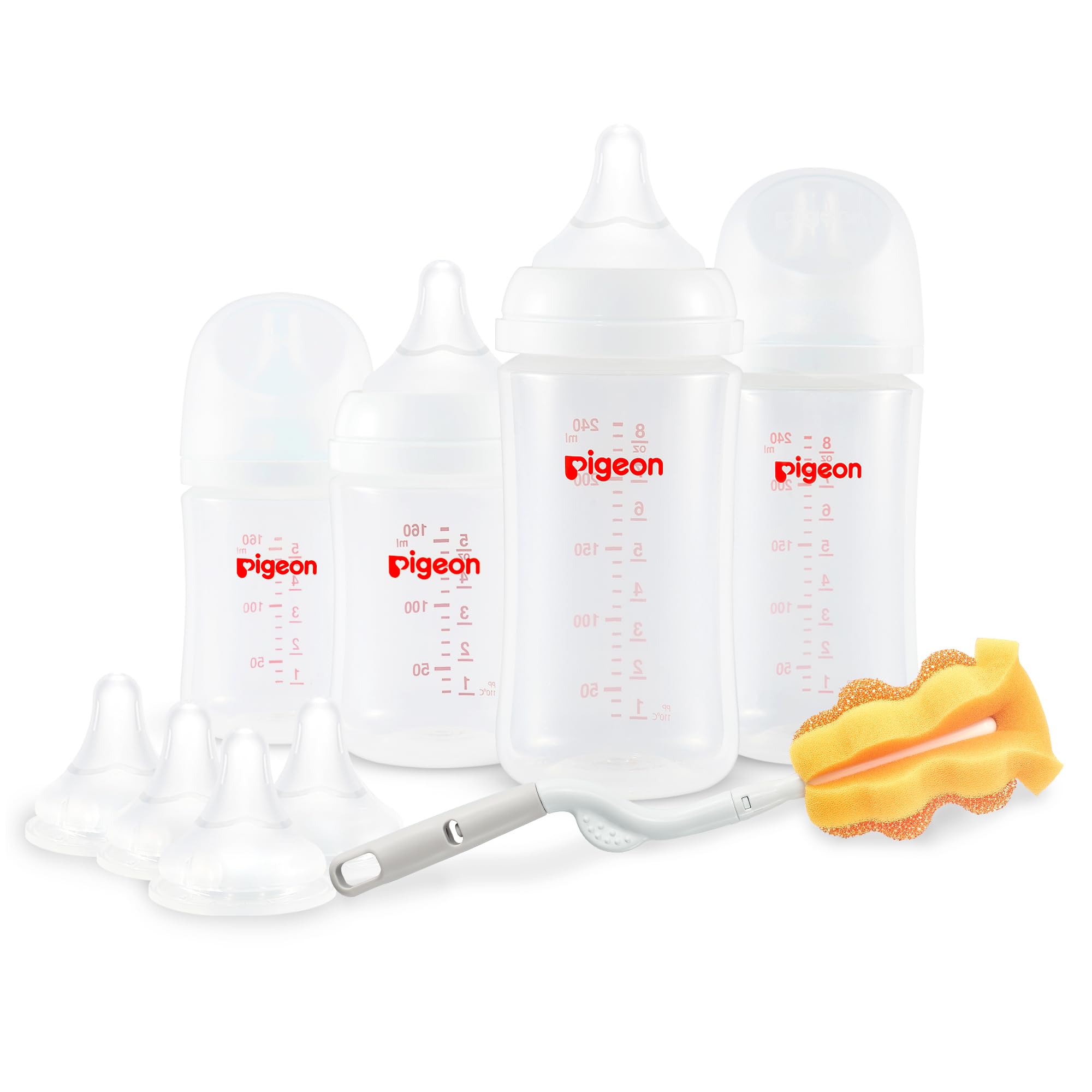 Pigeon Baby Bottle Newborn Feeding Gift Set - Anti-Colic Wide Neck Bottles with Latch-On Line Nipples (4 PP Feeding Bottles + 4 Nipples + 1 Brush) - Perfect for New Moms, Baby Showers & Infant Feeding Essentials
