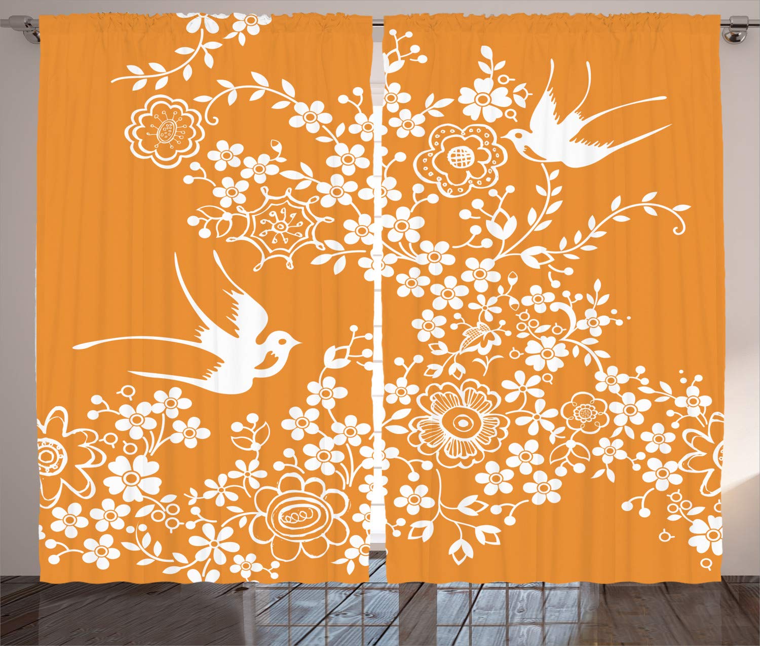 Ambesonne Japanese Curtains - Oriental Floral & Flying Birds Design, Pastel Spring Pattern Window Drapes, 2 Panel Set for Living Room & Bedroom (108