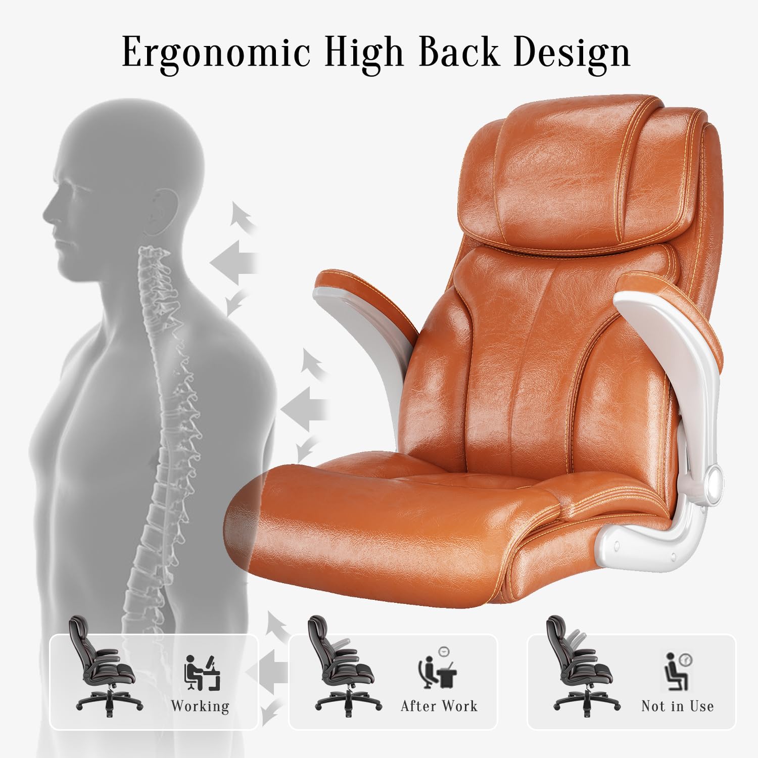 Premium Leather Executive Office Chair - High Back Big & Tall Desk Chair with Wheels, Flip-Up Arms & Lumbar Support - Ergonomic Computer Chair for Home Office (Orange) - Perfect for Long Work Hours & Professional Workspaces