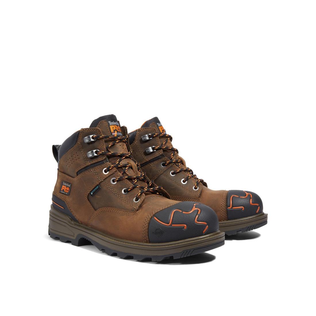 6 Inch Composite Toe Waterproof Work Boots for Men - OSHA Safety Rated, Slip Resistant, Comfortable Orange & Brown Work Shoes for Construction, Warehouse & Outdoor Jobs