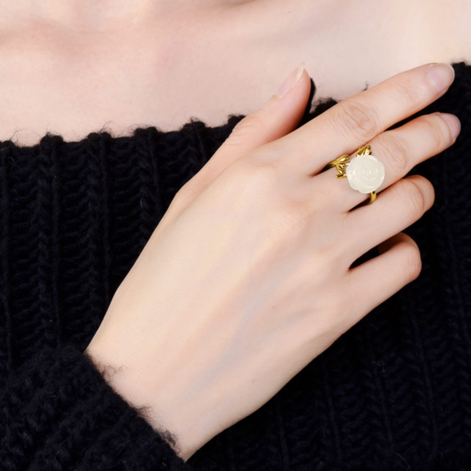 925 Sterling Silver Adjustable Open Wrap Rose Ring for Women - Gold Plated Rose Flower with Jade Gemstone, Vintage Handmade Jewelry Gift for Mom, Birthday, Anniversary & Special Occasions