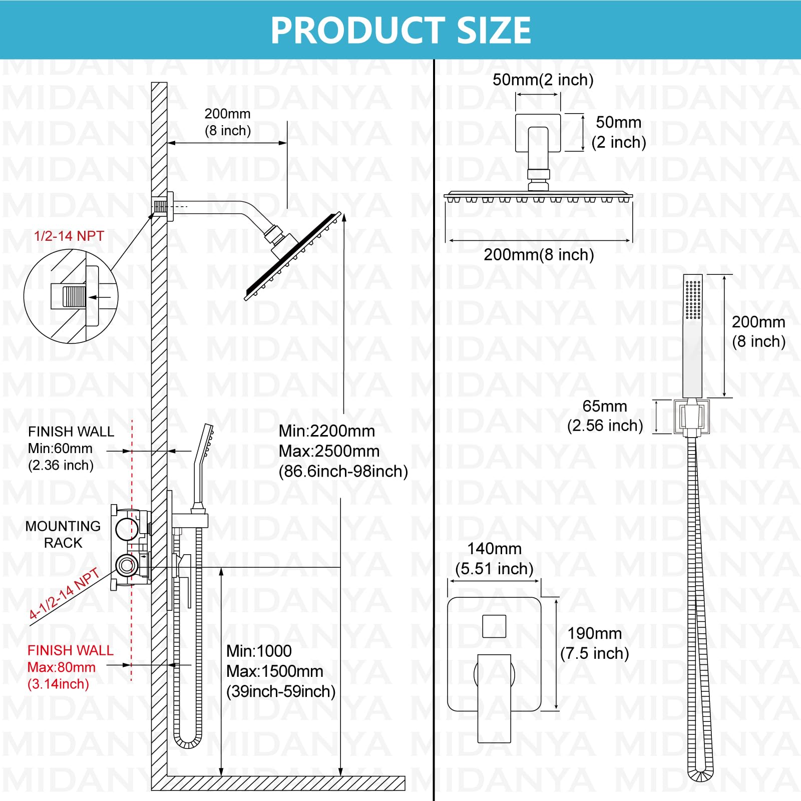 Midanya 8 Inch Matte Black Square Rainfall Shower System - Wall Mount Shower Head with Handheld Sprayer, Rough-in Valve & Bathroom Mixer Combo Set for Luxurious Spa Experience at Home
