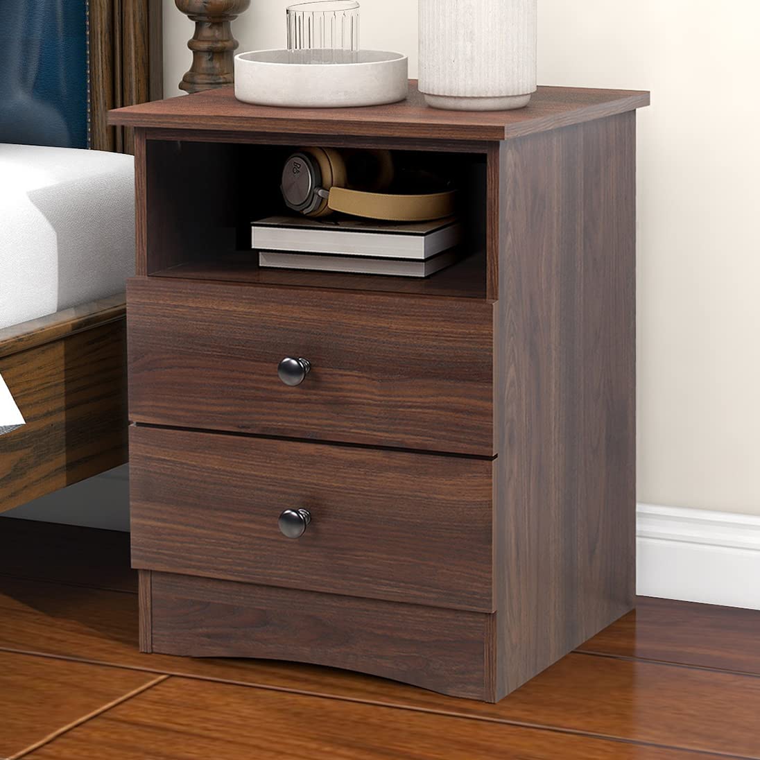 Modern Walnut Nightstand with 2 Drawers & Open Shelf - Bedside End Table for Bedroom, Living Room, or Office - Perfect for Storing Books, Lamps, and Bedroom Essentials