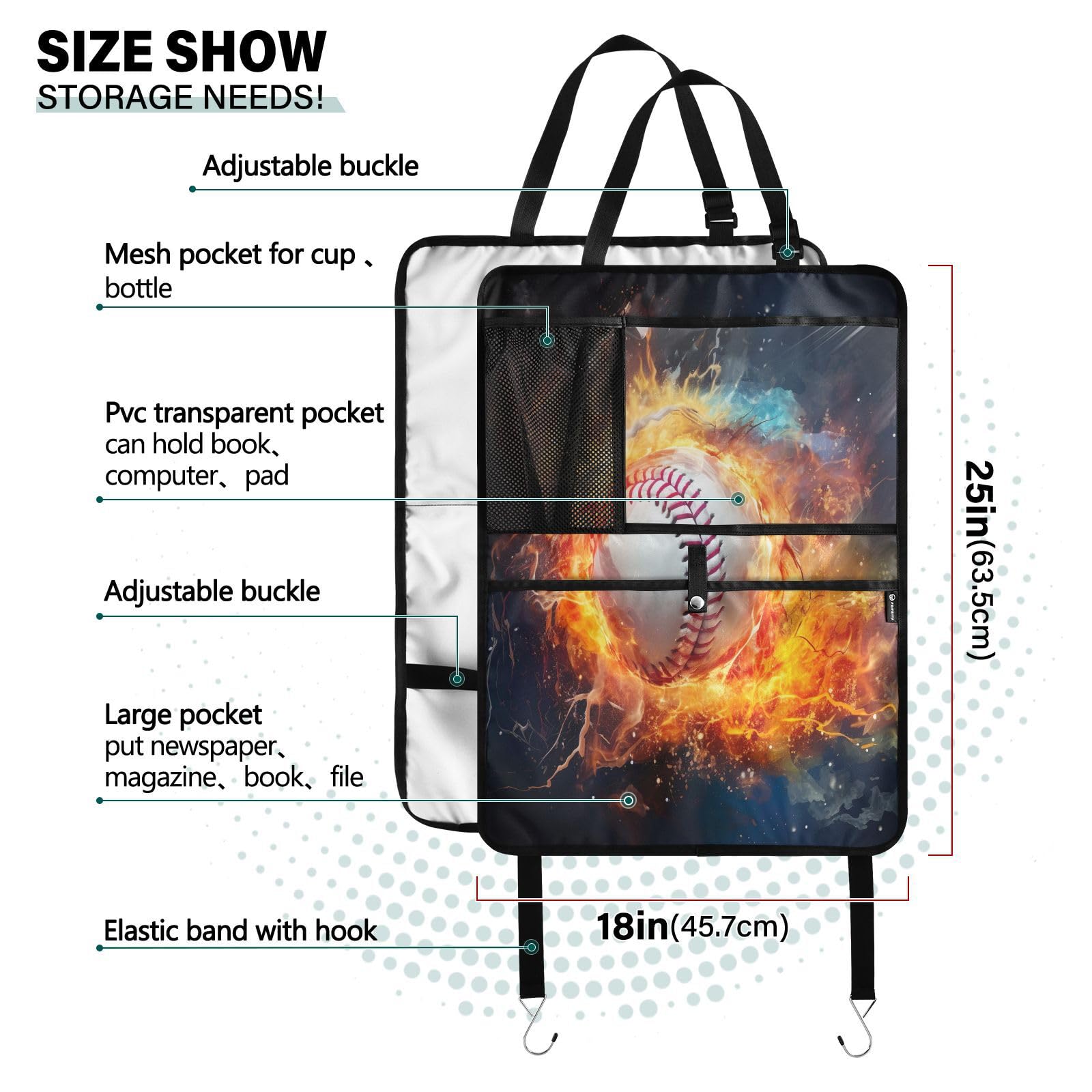 Black Fire Baseball Car Seat Protector with Storage Pockets - Back Seat Organizer & Kick Mats for Vehicles - Perfect for Kids, Pets & Travel Accessories