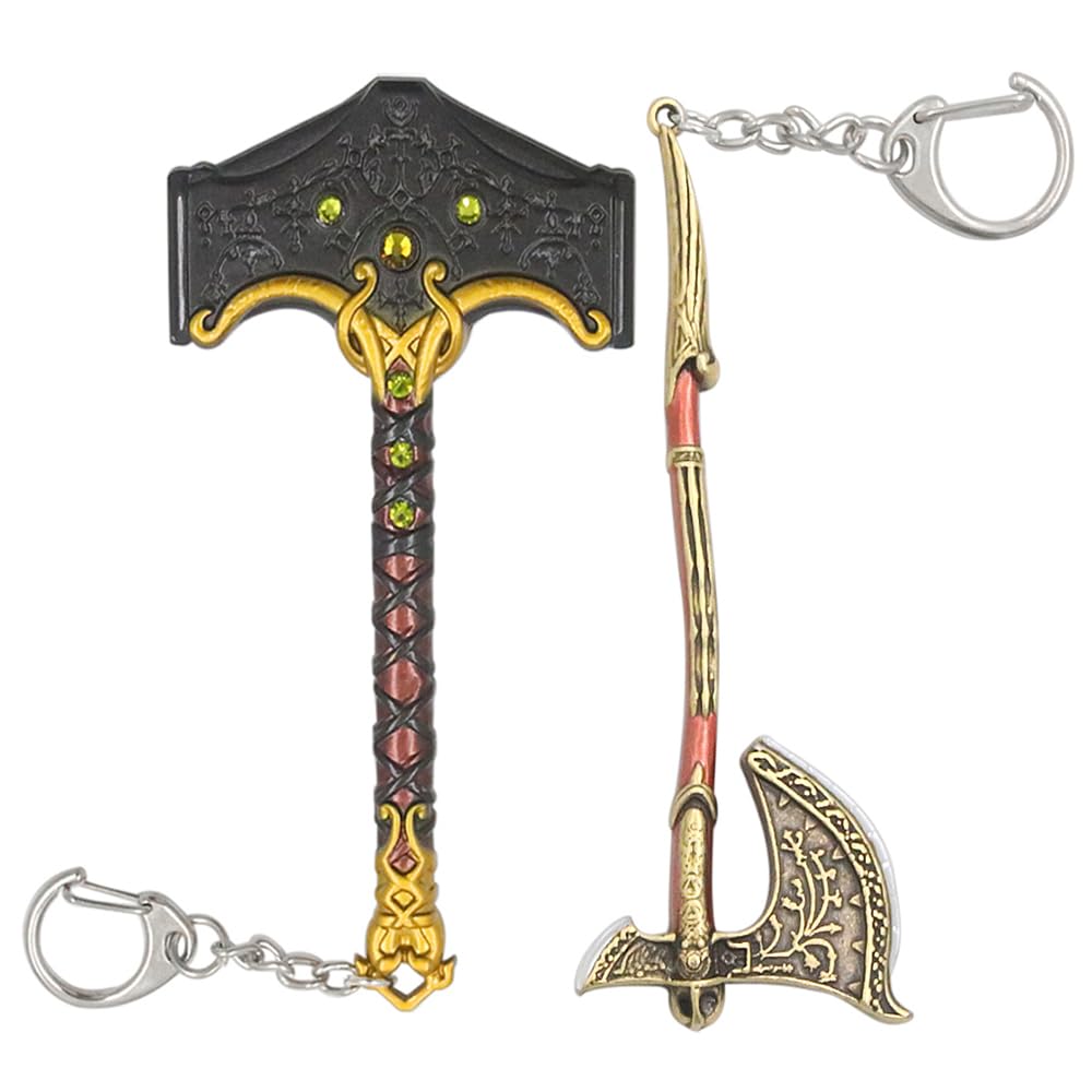 GOW Keychain Set - Leviathan Axe & Mjölnir (Thor's Hammer) Charms - God of War Cosplay Accessories for Men & Women - Perfect for Gamers, Collectors & Norse Mythology Fans - Great for Keyrings, Backpacks & Gift Giving