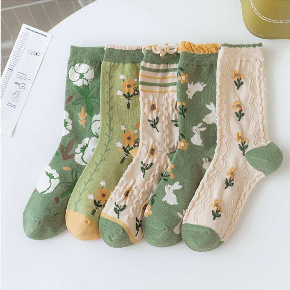 Floral Crew Socks for Women & Girls - 5 Pack Cotton Flower Print Ankle Socks with Ruffled Trim - Green Aesthetic Casual Dress Socks for Everyday Wear, Gift Giving & Fashion Outfits