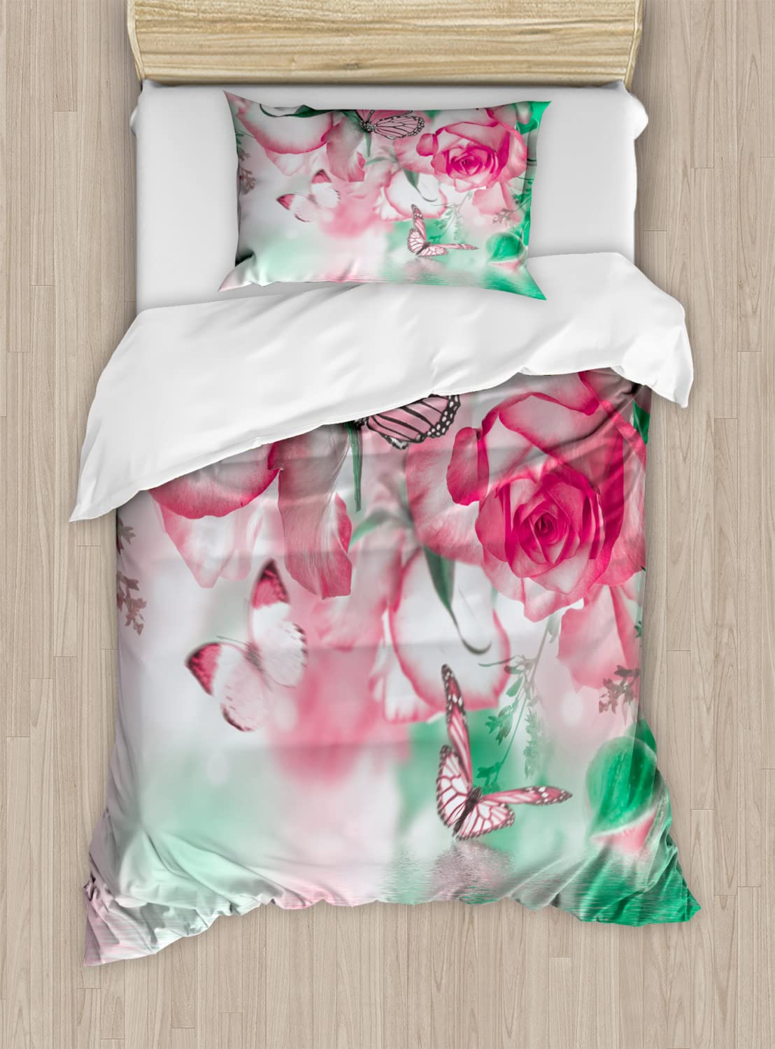 Ambesonne Spring Duvet Cover Set - Floral Rose Petals & Butterflies Design, 2-Piece Twin Size Bedding Set with 2 Pillowcases, Jade Green & Pale Pink | Romantic Bedroom Decor for Girls, Women & Teens | Perfect for Spring Refresh, Guest Room & Dormitory