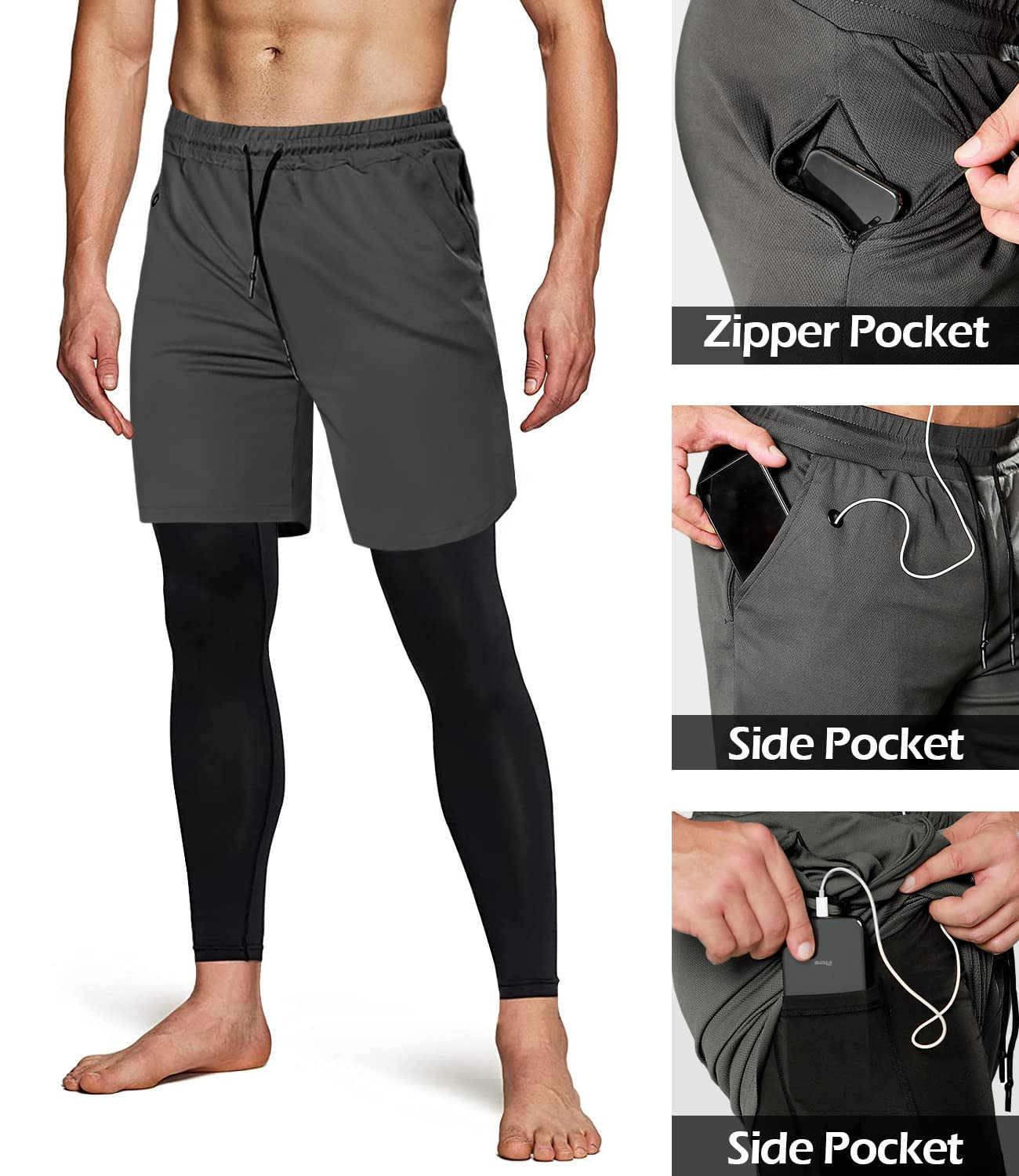 Aolesy Men's 2 in 1 Running Pants - Gym Workout Compression Pants for Men, Athletic Training Pants with Breathable Fabric - Perfect for Jogging, Fitness & Outdoor Sports