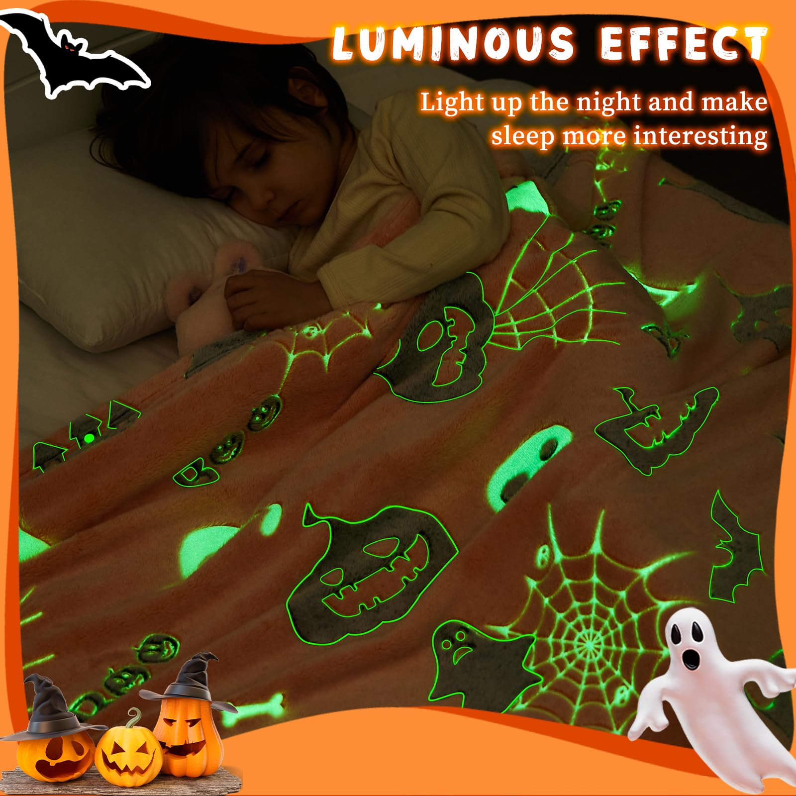 Glow in The Dark Halloween Blanket - Spooky Spider Web & Pumpkin Ghost Design, Soft Plush Throw Blanket for Kids (50