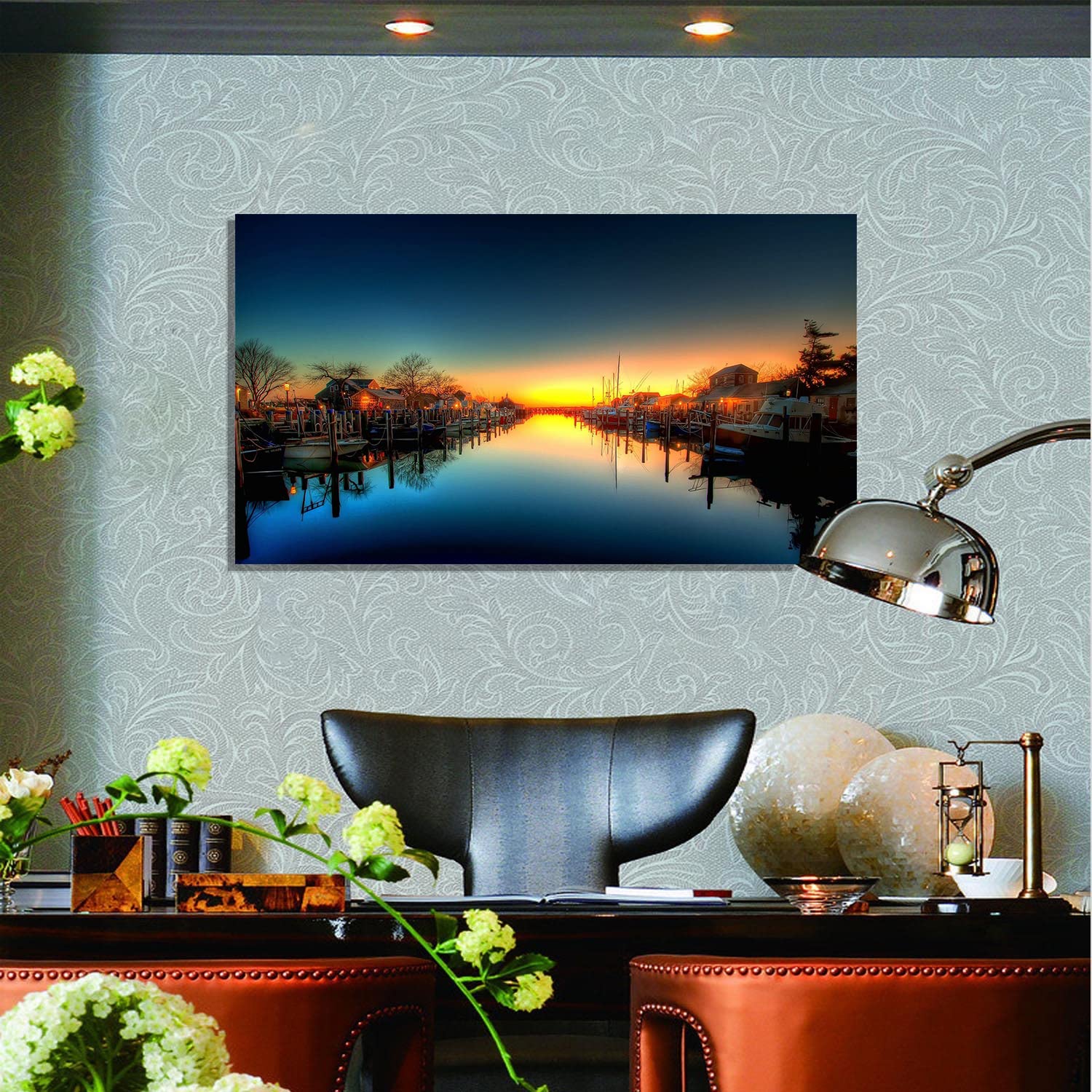 Marina Sunset Canvas Art - Framed Landscape Wall Painting for Home, Office & Bedroom Decor - Ready to Hang - Perfect for Coastal & Modern Interior Design