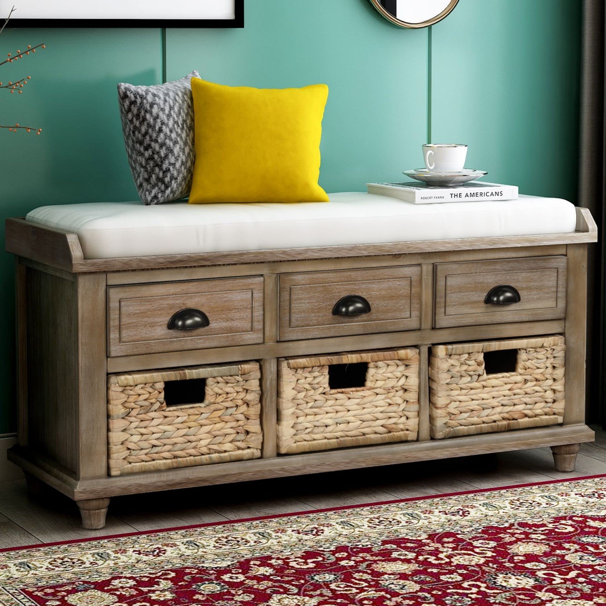 HABITRIO White Washed Wooden Storage Bench with Removable Cushion - 3 Drawers & 3 Baskets, Multi-Functional Shoe Bench for Entryway, Living Room, Bedroom, Hallway - Perfect for Organizing Shoes, Blankets & Home Decor