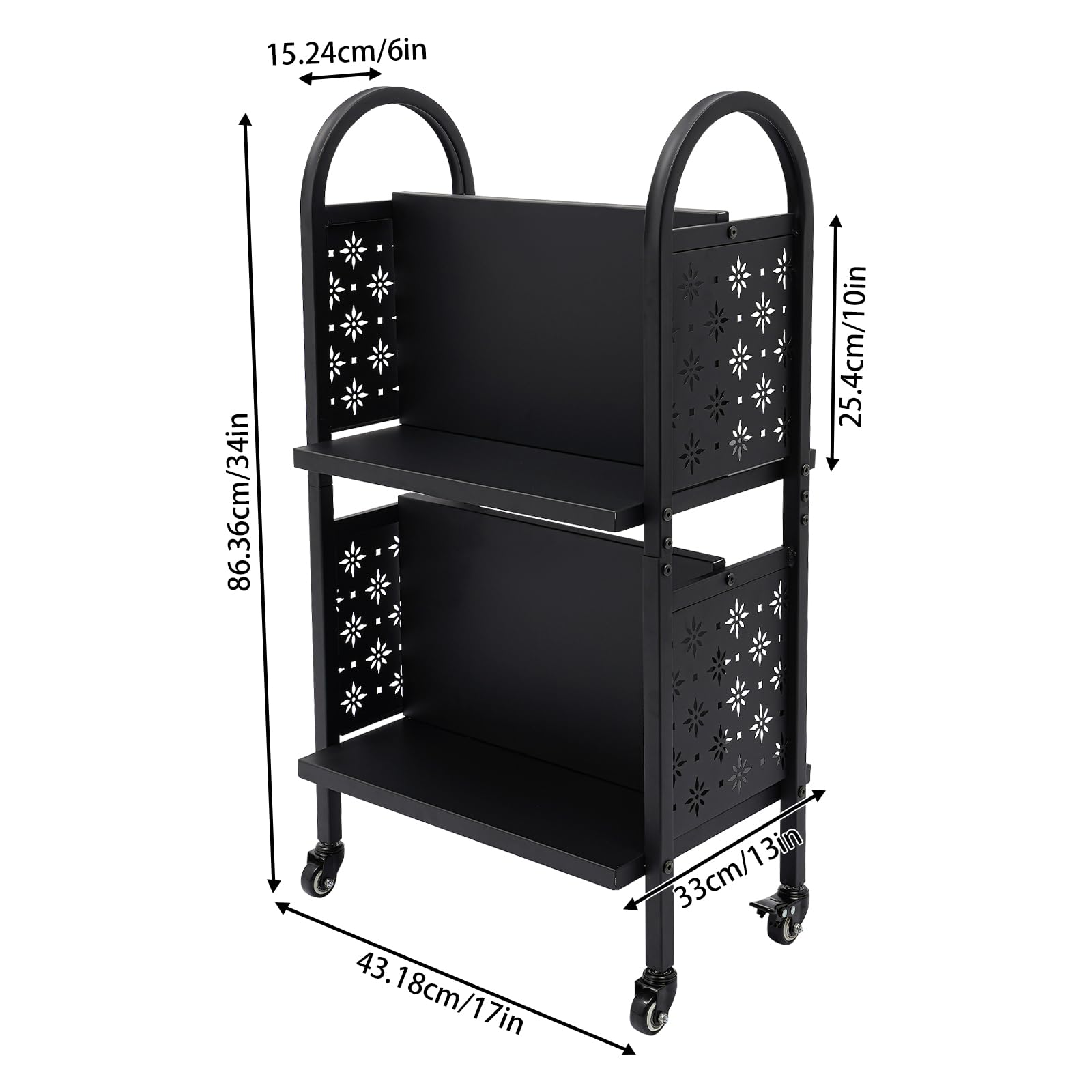 2-Tier Rolling Library Book Cart with Wheels - Heavy Duty Mobile Book Cart for Libraries, Schools, Offices & Conference Rooms - Perfect for Book Storage, Classroom Organization & Office Supplies Transport (Black)
