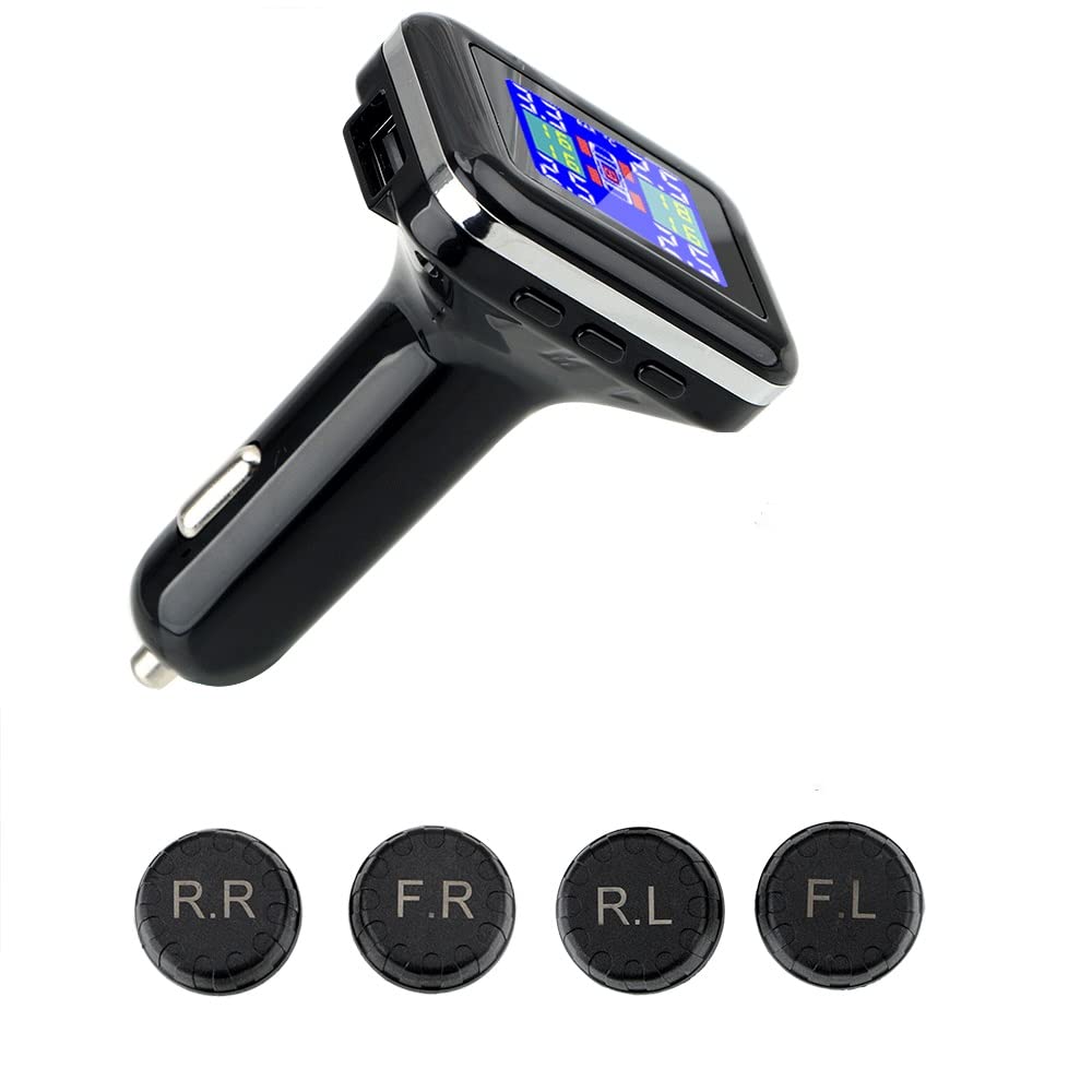 XIXIDIAN 4 External Sensors Wireless TPMS Car Tire Pressure Monitoring System with LCD Screen Display & Cigarette Lighter Plug - Real-Time Tire Pressure Alarm for SUV, Truck, RV Safety Driving