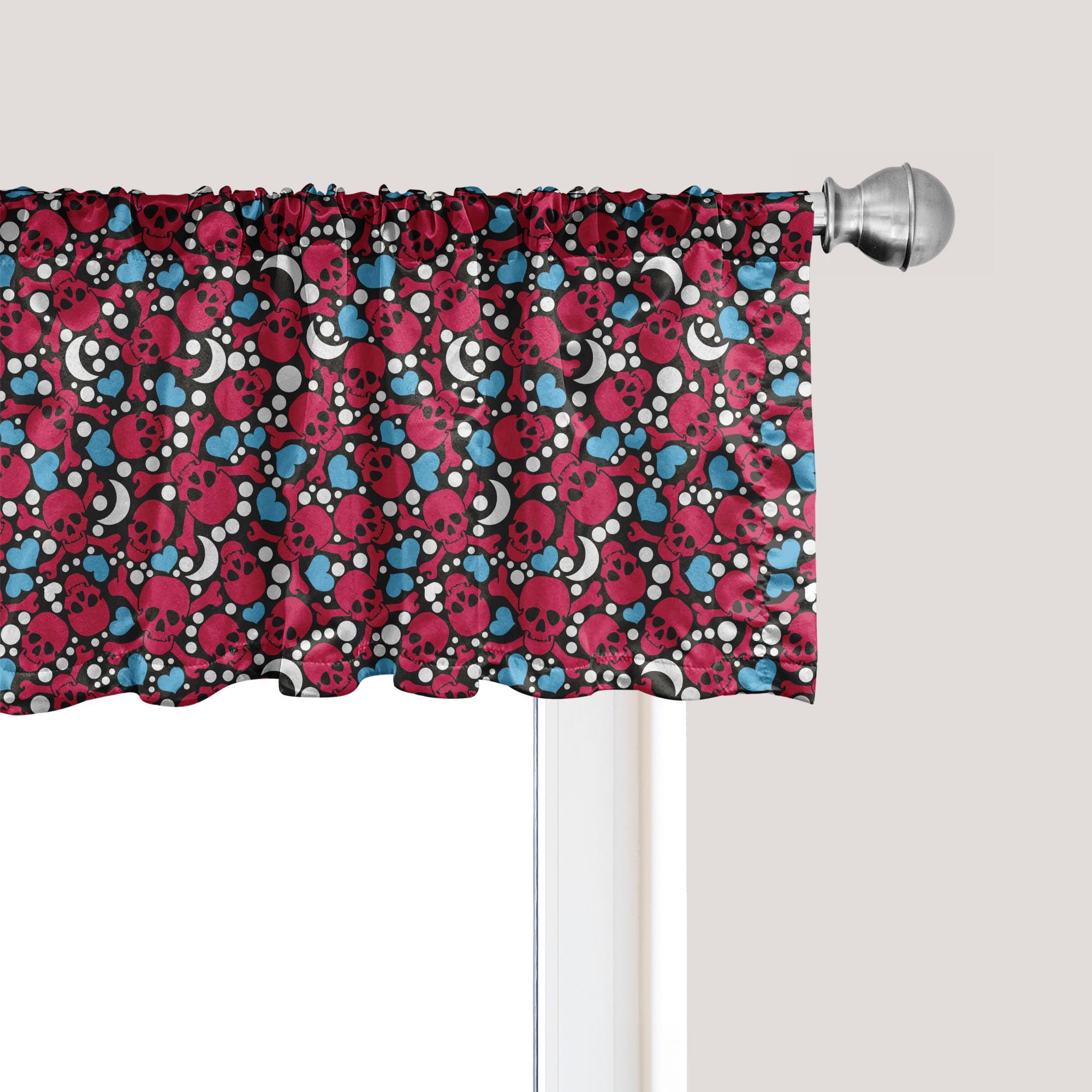 Ambesonne Skull Window Valance - Smiling Red Skulls with Hearts, Moons & Dots Black Pattern, 54x12 Inch Kitchen & Bedroom Curtain Valance with Rod Pocket - Perfect for Gothic, Halloween & Boho Home Decor