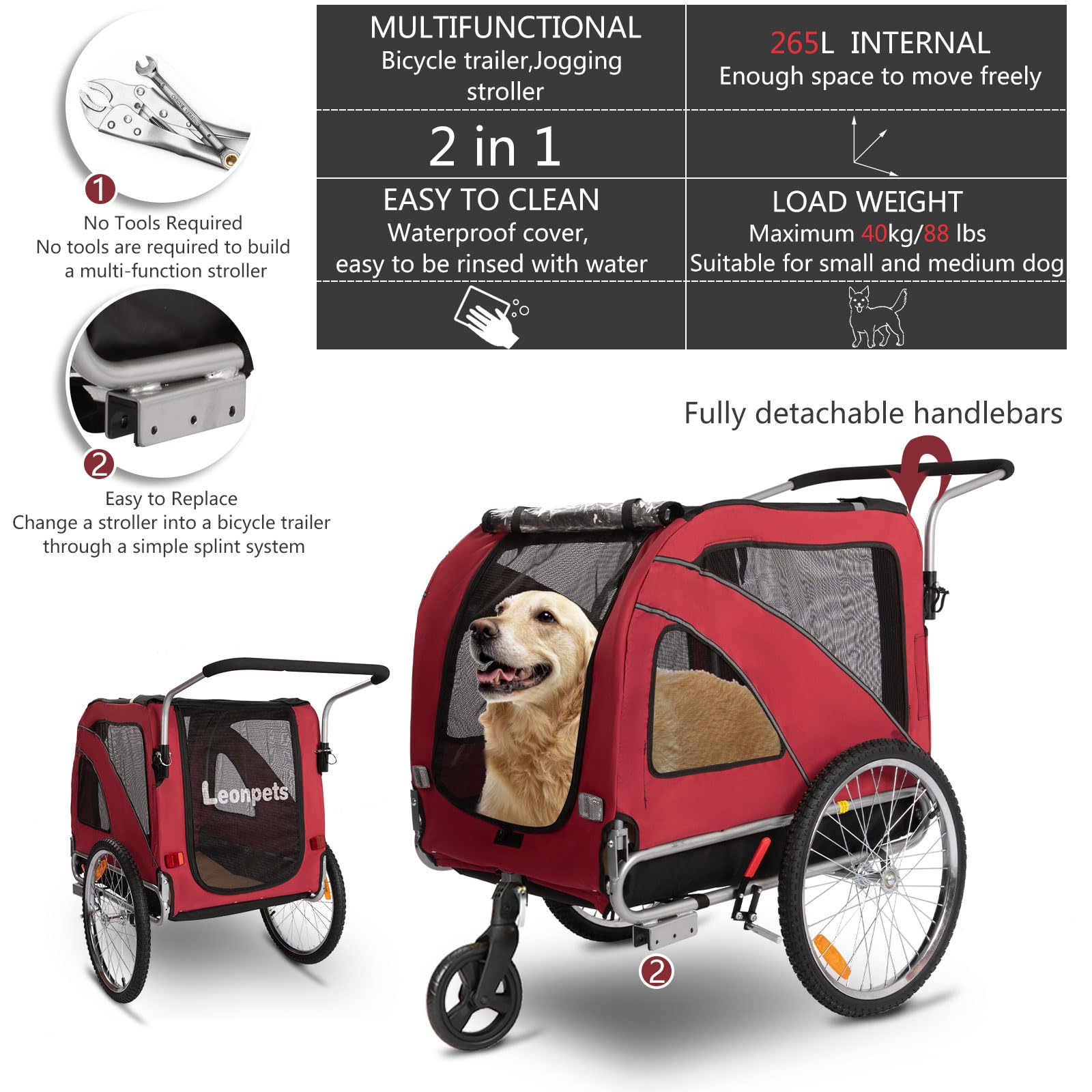 Sepnine 2-in-1 Large Dog Bike Trailer & Pet Stroller - Foldable Frame with Hand Lock Brakes & Universal Bicycle Coupler (Red) - Perfect for Cycling Adventures & Outdoor Walks with Your Dog