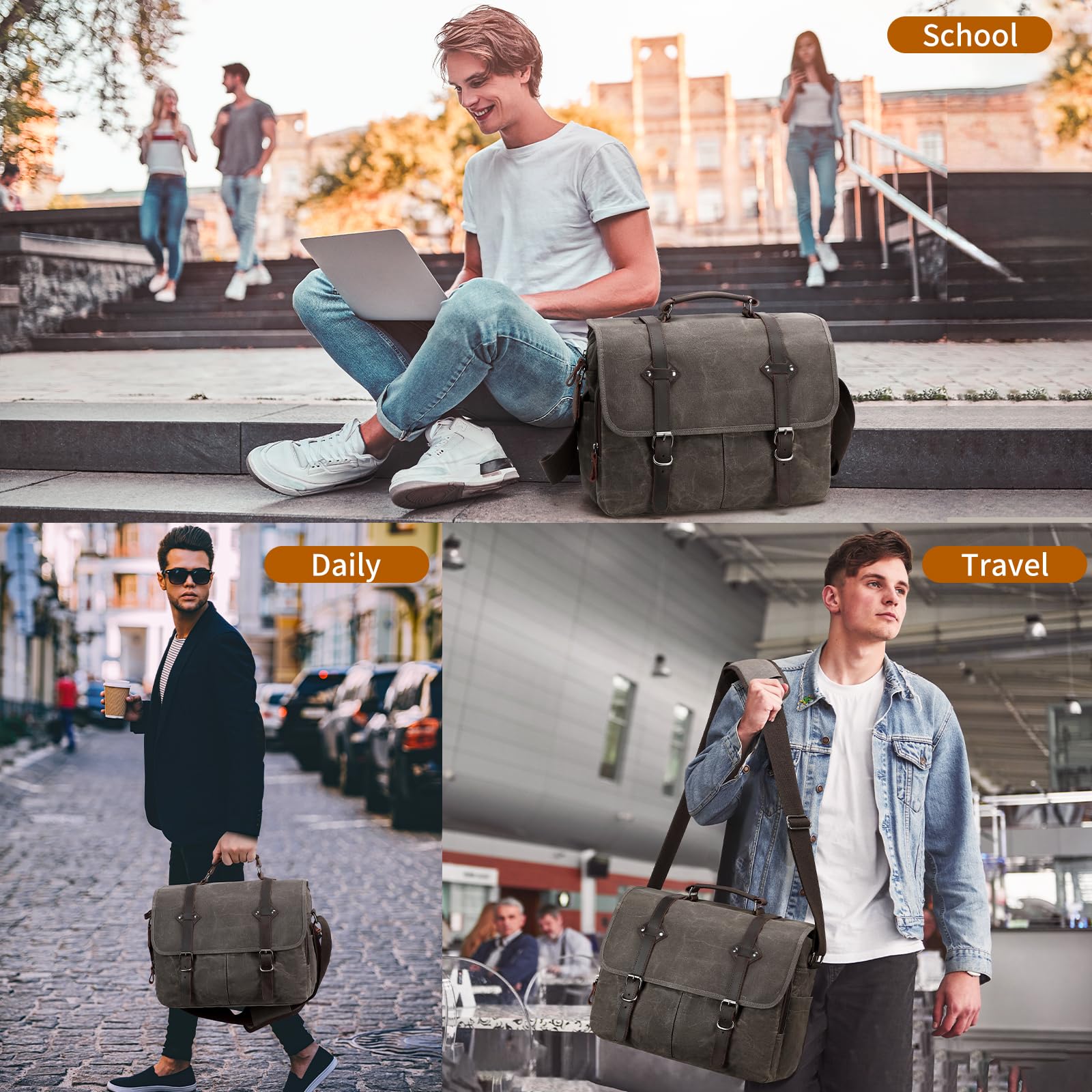 Wogarl 2-Piece Genuine Leather Waxed Canvas Messenger Bag Set - 15.6 Inch Laptop Briefcase & Shoulder Satchel for Men | Perfect for Business, Travel & Daily Commute