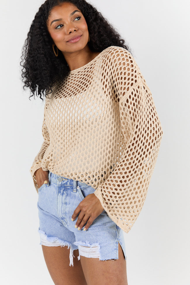 Let It Go Tan Open Knit Sweater Women's Lightweight Cardigan - Perfect for Fall Layering & Casual Outfits