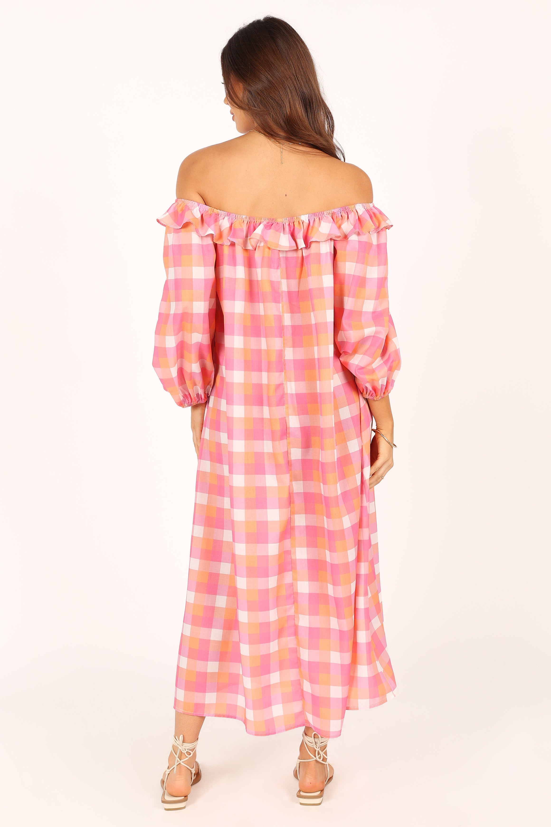 Georgia Off Shoulder Midi Dress - Pink Gingham Floral Summer Dress for Women, Perfect for Beach Vacation, Date Night & Outdoor Parties