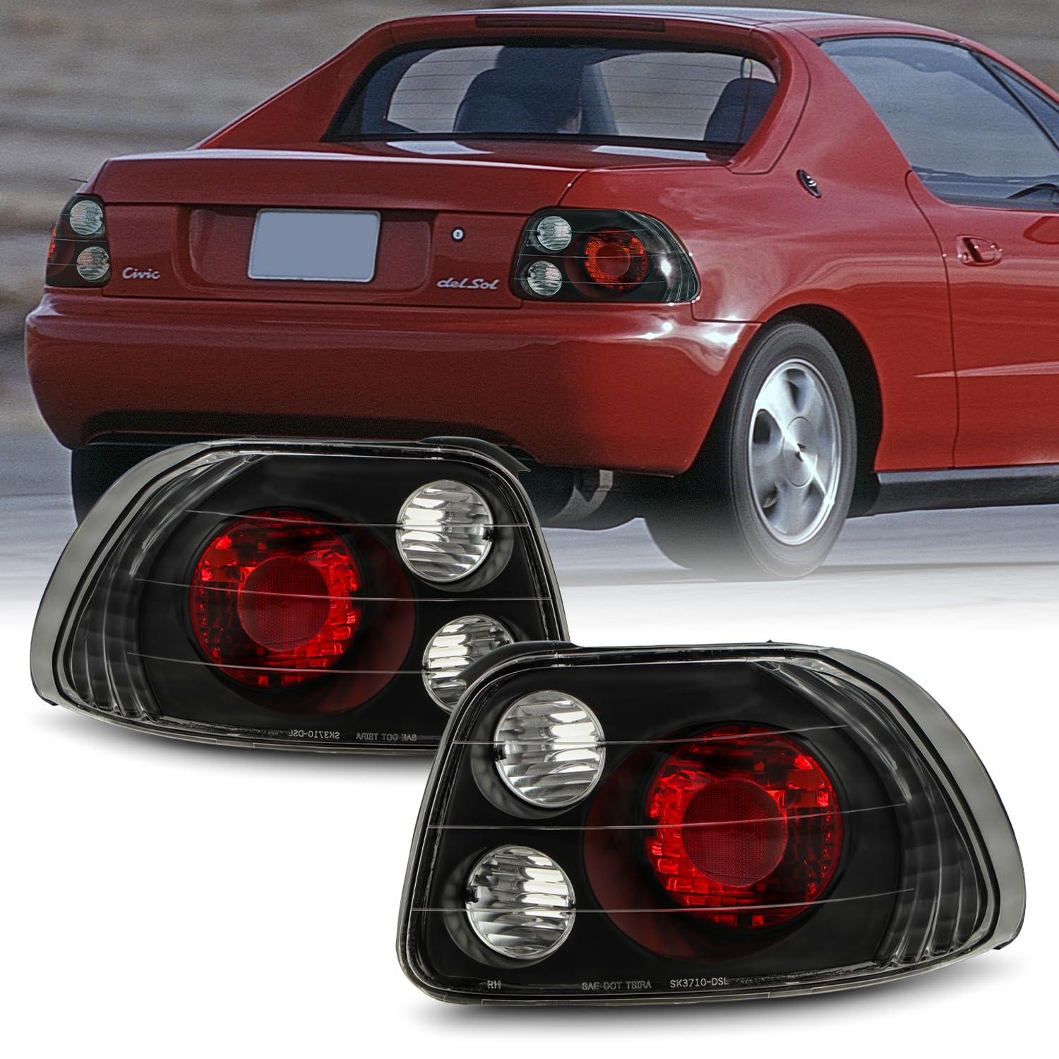 AKKON JDM Black Tail Brake Lights Lamp Pair for 1993-1997 Honda Civic Del Sol Sport Coupe - Left + Right Replacement - Perfect for Night Driving & Car Customization