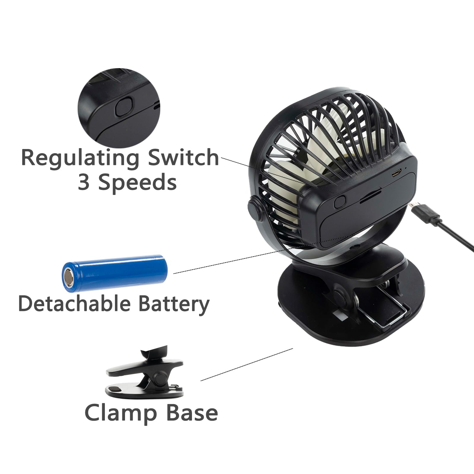 360° Rotatable Clip on USB Desk Fan - 3 Speed Adjustable Portable Small Fan for Office, Golf Cart, Camping, Travel & Gym - Black | Perfect for Indoor & Outdoor Use
