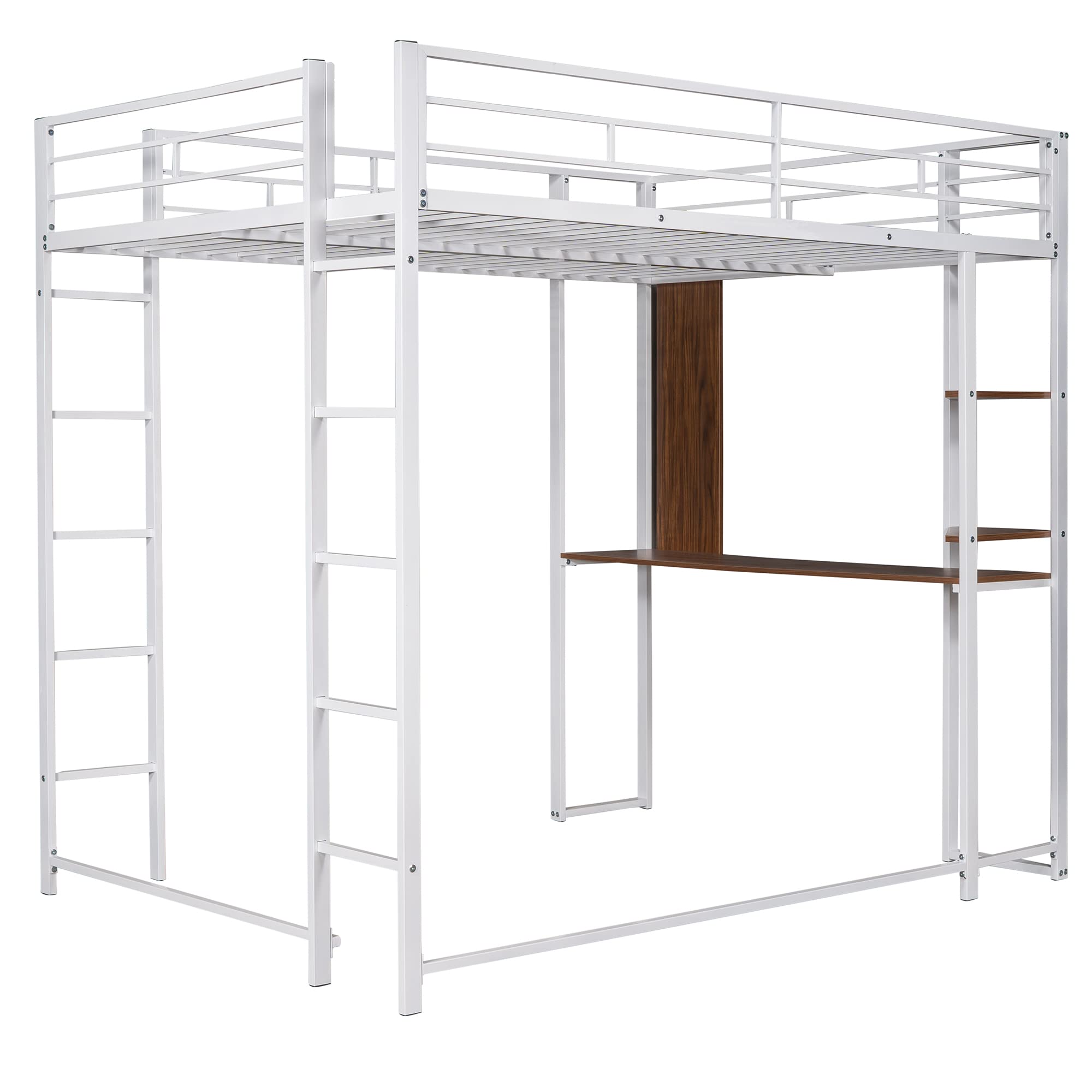 Full Size Metal Loft Bed Frame with Built-in Desk, Shelves & Ladder - Space Saving Bedroom Furniture with Guardrails for Safety - Perfect for Small Rooms, Dorms & Guest Rooms (White)
