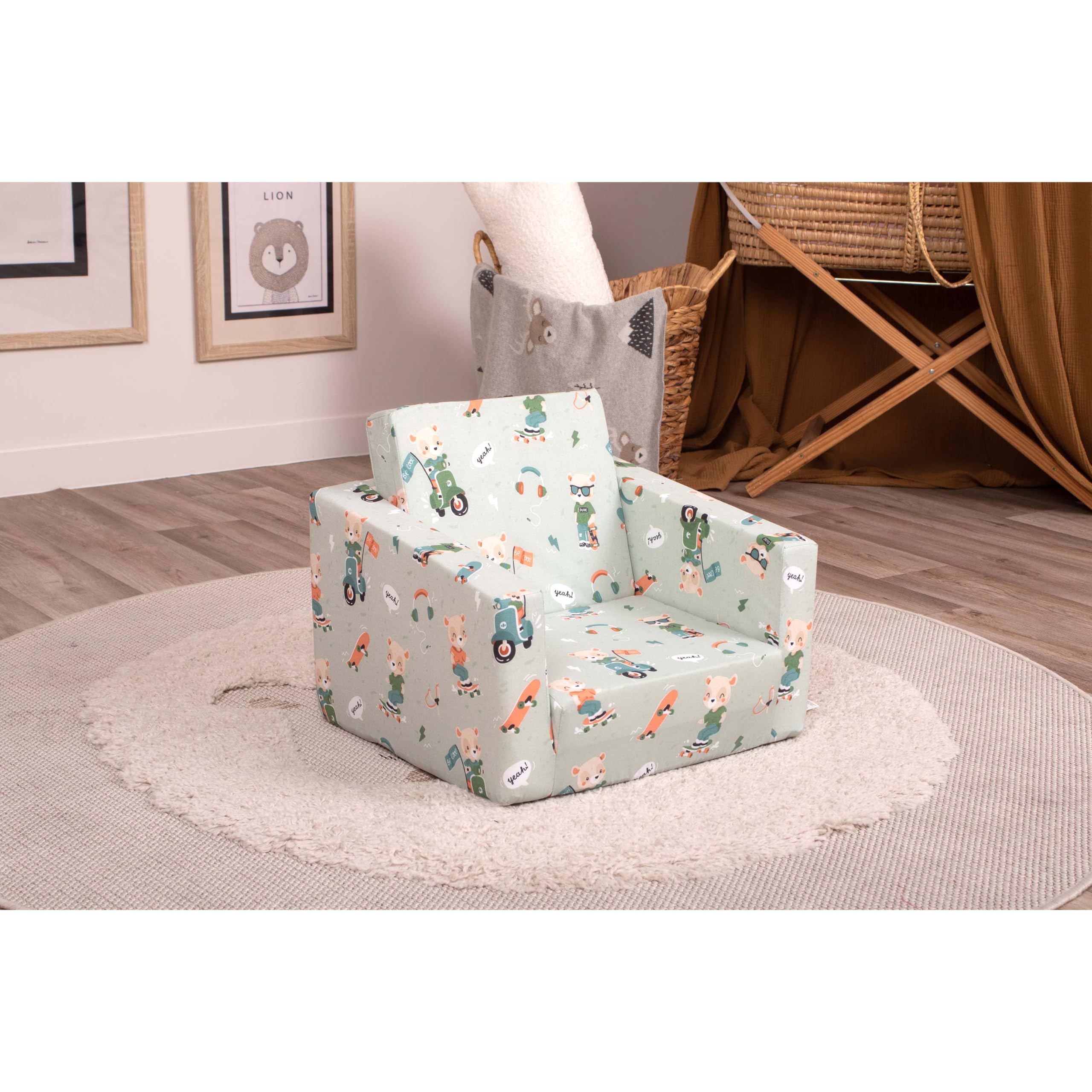 Delsit Foldable Toddler Chair - Portable Kids Couch & Bed with Removable Washable Cotton Cover - Lightweight Safe Design with Soft Corners for Boys & Girls - Perfect for Playrooms, Bedrooms & Travel | Skater Bear Design - Ideal for Reading, Napping & Indoor Playtime