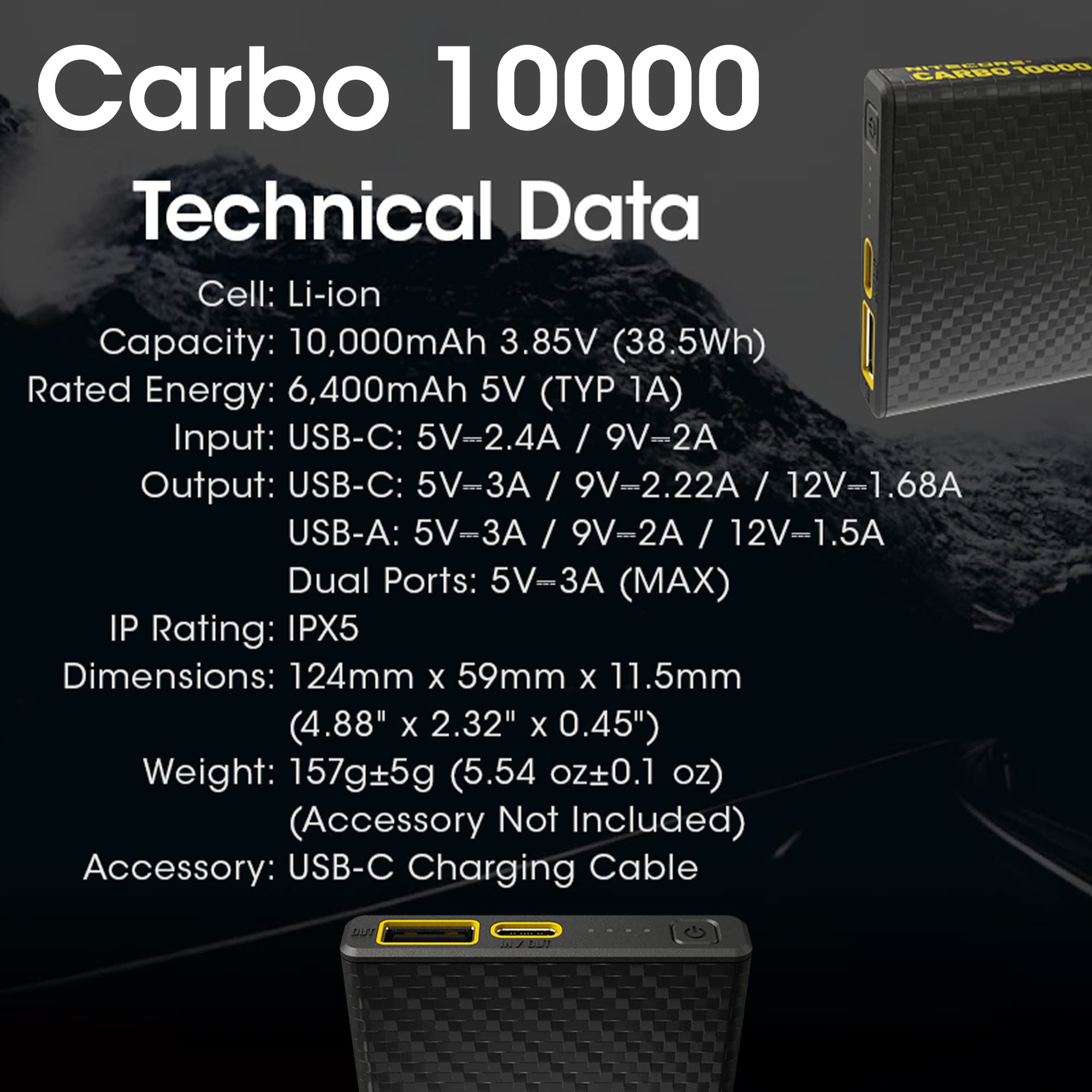 Nitecore Carbo 10000 Power Bank - 10000mAh Ultra Slim Lightweight Portable Charger with USB-C & USB Dual Ports, QC3.0 & PD Fast Charging | Perfect for Travel, Camping, and Emergency Power Backup