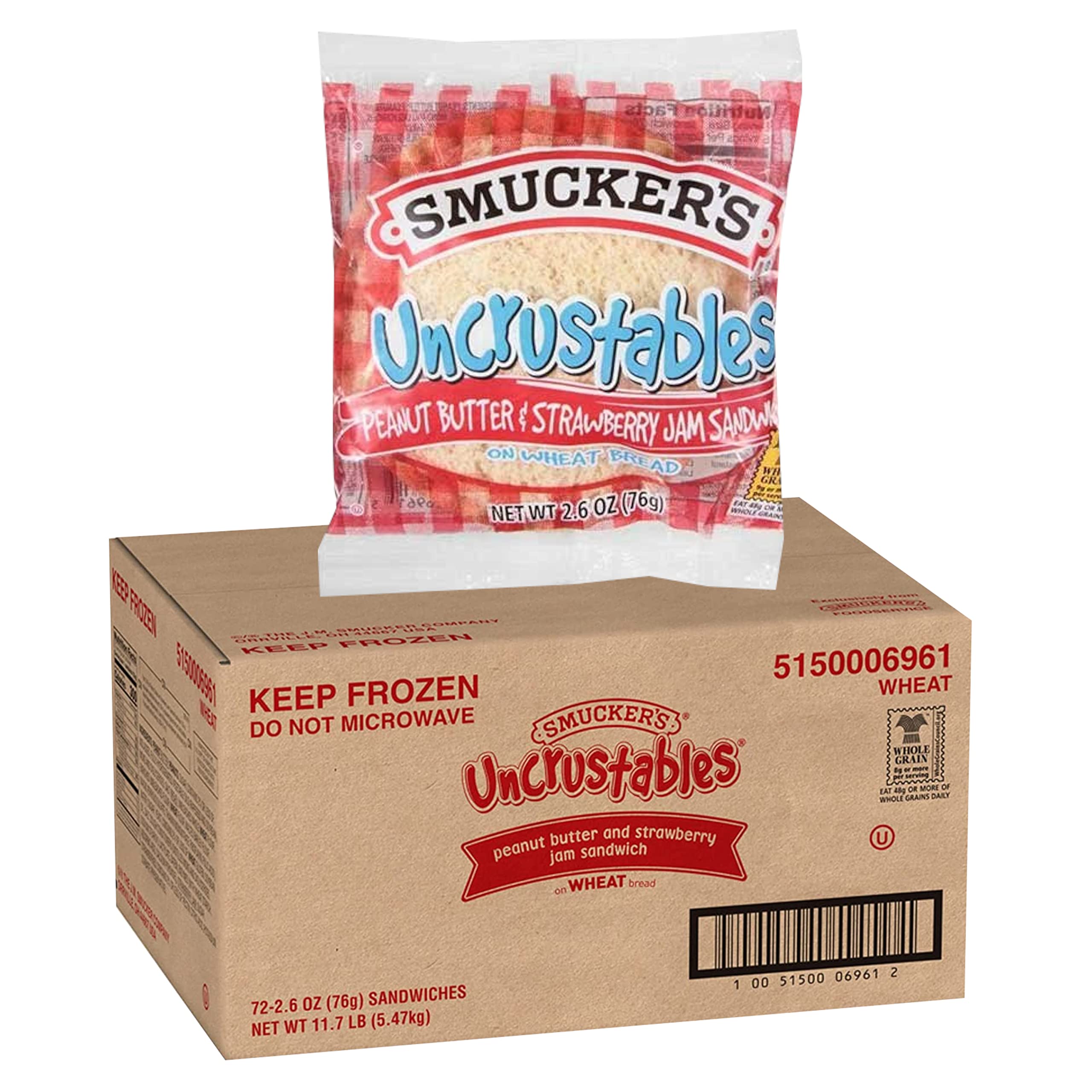 Smucker's Uncrustables Peanut Butter & Strawberry Jam Sandwiches - Bulk Pack of 72 (2.6 oz Each) | Whole Grain Wheat Bread | Individually Wrapped | Perfect for School Lunches, Picnics & Quick Snacks