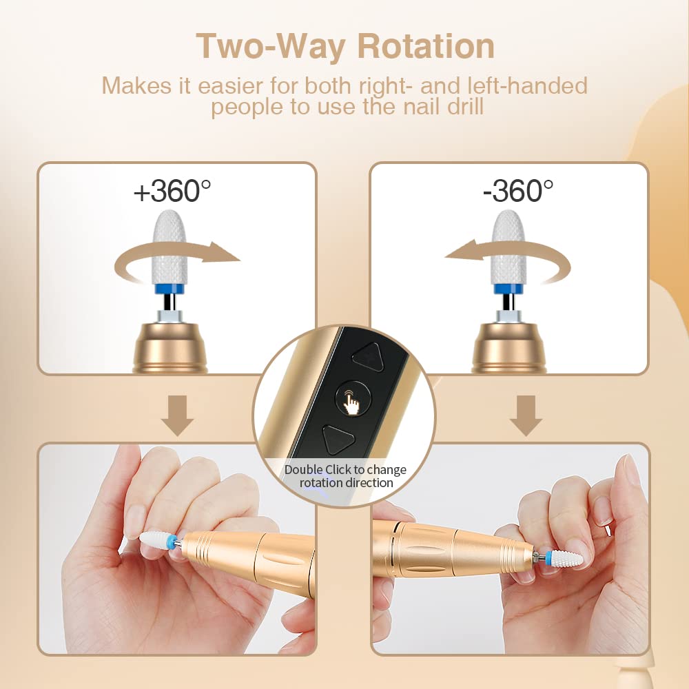 Professional 30000RPM Rechargeable Nail Drill Kit for Acrylic & Gel Nails - 18K Gold Electric Nail File with 8 Bits | At-Home Manicures, Salon Quality Nail Art, DIY Nail Extensions & Pedicures
