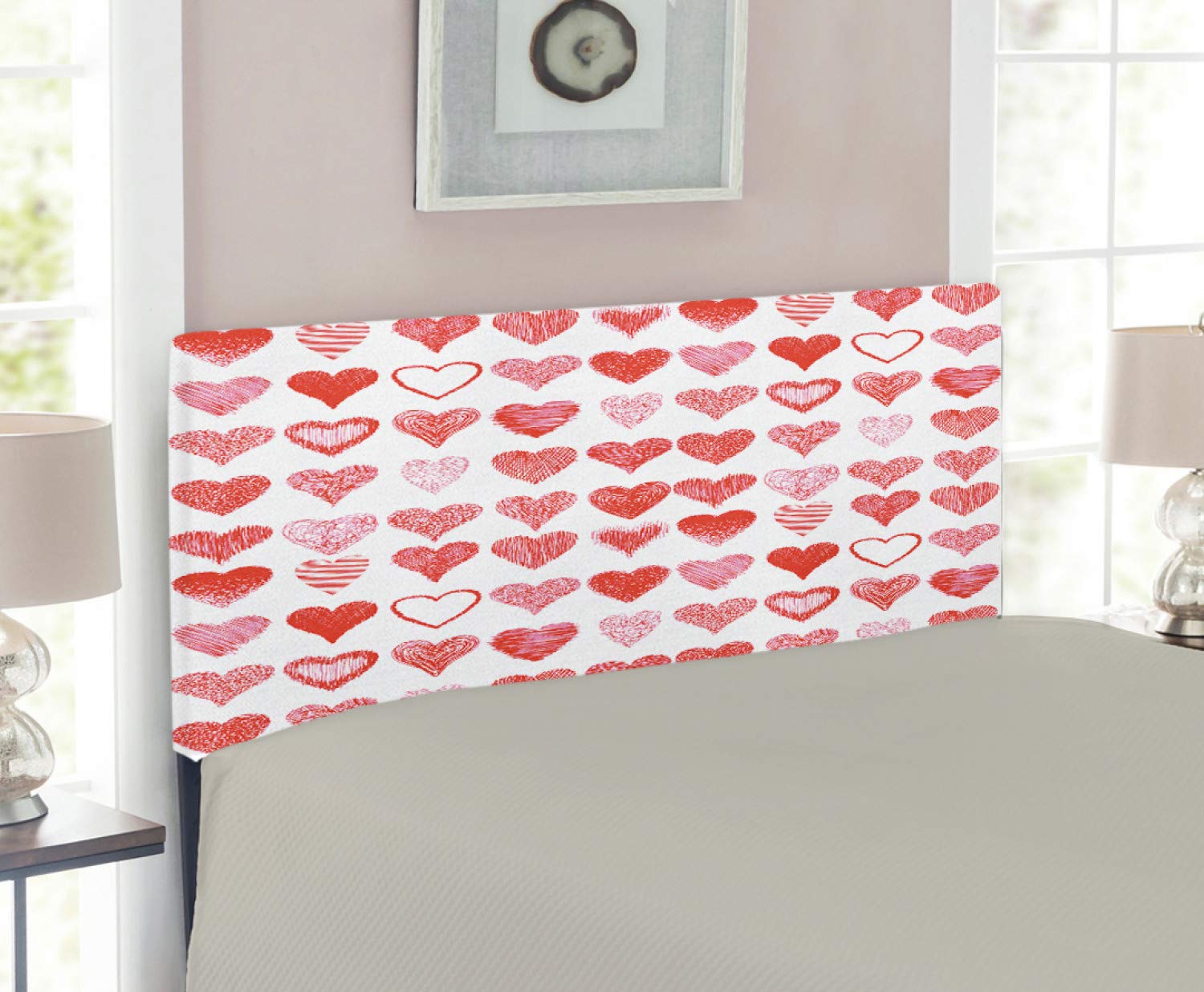 Ambesonne Valentines Day Headboard - Romantic Heart of Love Hand Drawn Art Upholstered Metal Bed Frame with Memory Foam, Twin Size, Vermilion Pink White - Perfect for Bedroom Decor, Couples Gift & Valentine's Day Present