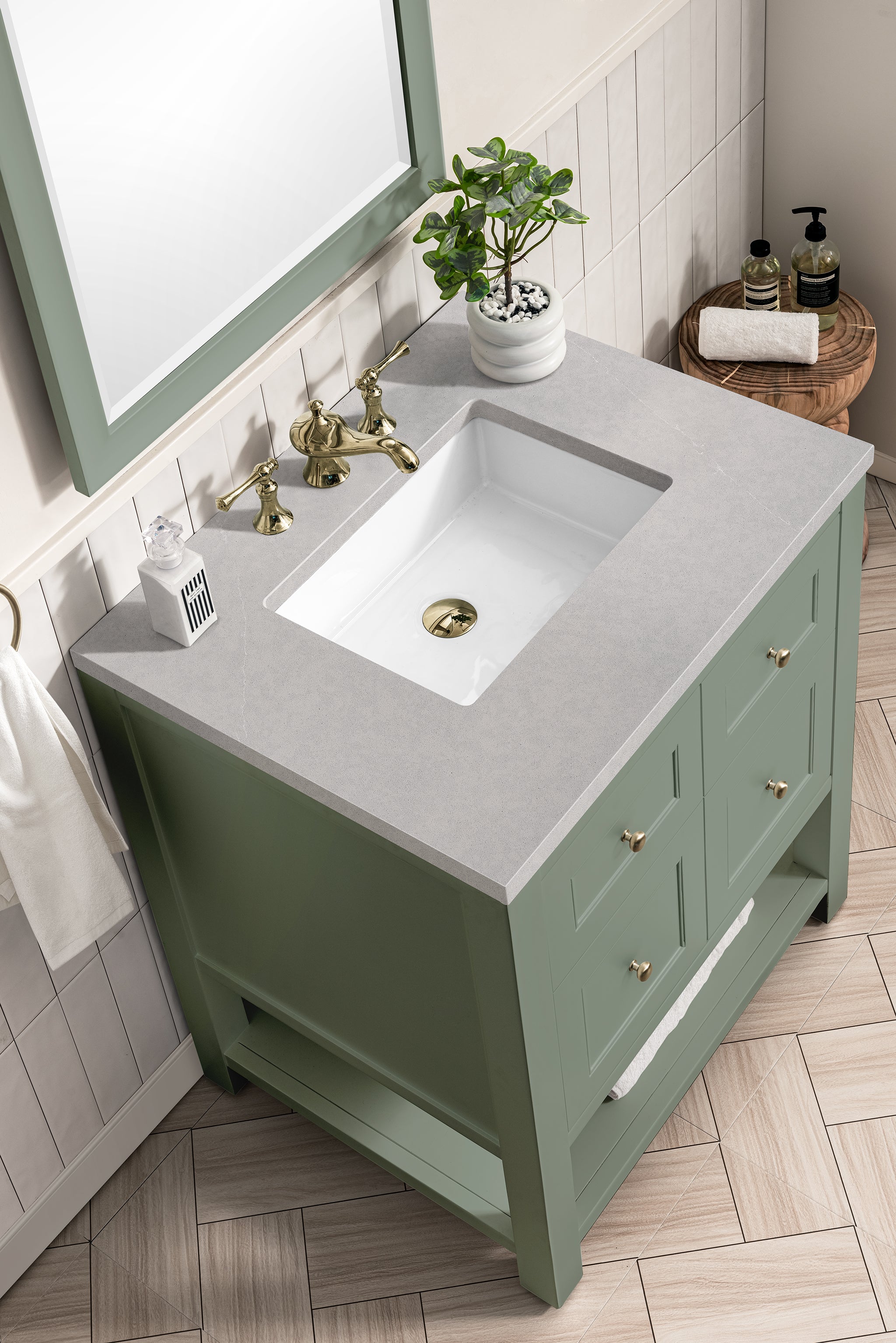 Breckenridge 30 Inch Single Bathroom Vanity with Smokey Celadon Finish and 3CM Eternal Serena Quartz Top - Perfect for Modern Home Bathroom Renovation and Small Space Design