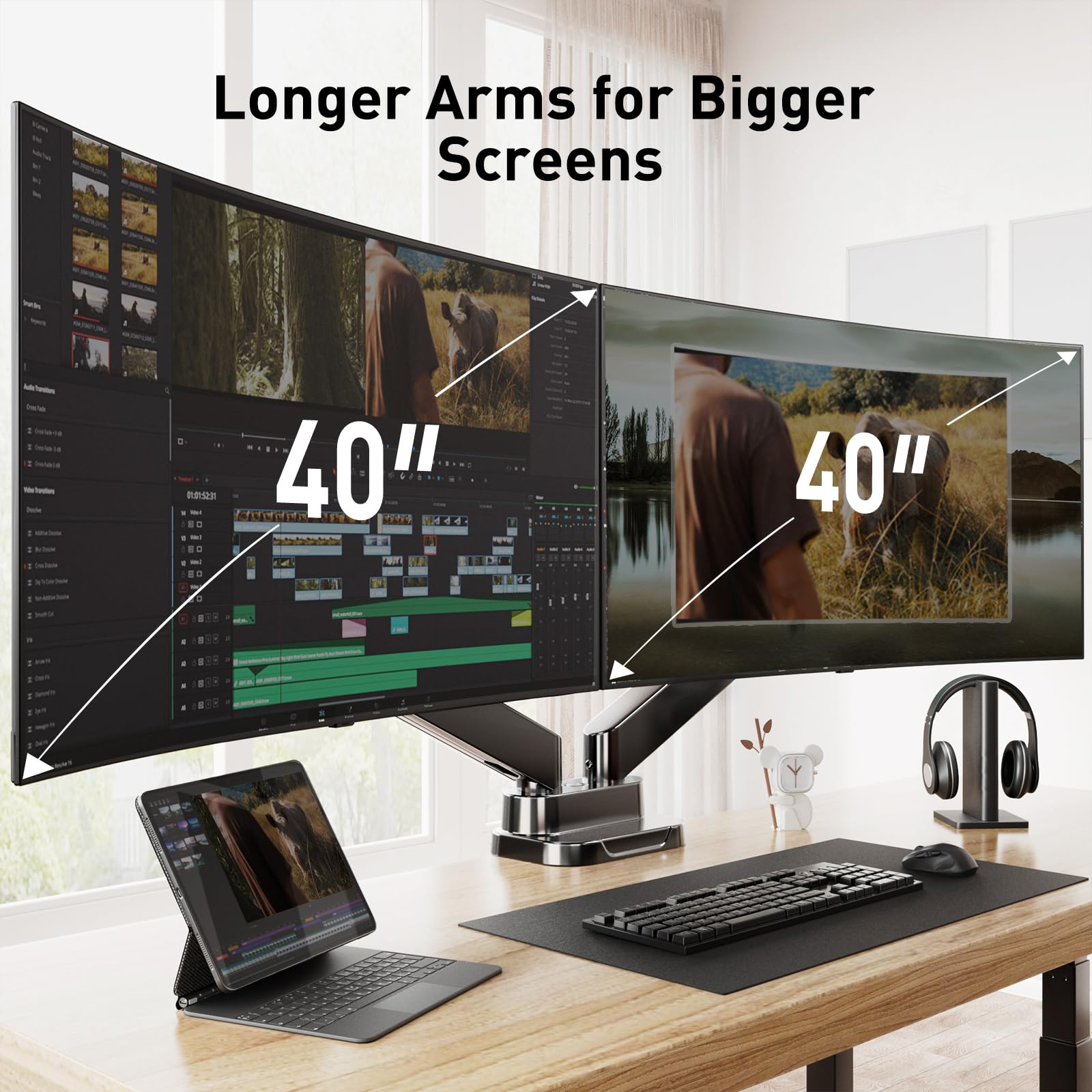 HUANUO Dual Monitor Stand for 40 Inch Ultrawide Screens - Heavy Duty Adjustable Monitor Arm with Full Motion Tilt, Swivel, Rotation - Supports 33 lbs & VESA 75x75/100x100mm - Perfect for Home Office, Gaming Setup & Workspace Ergonomics