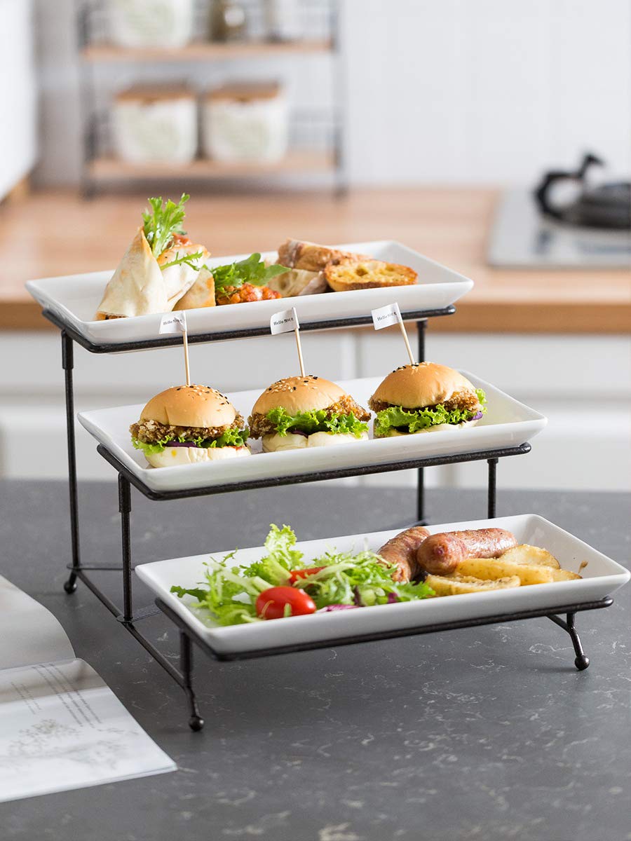 LAUCHUH 3-Tier Collapsible Serving Stand with Porcelain Bowls - Sturdy Dessert & Fruit Display Rack for Parties, Weddings & Home Entertaining
