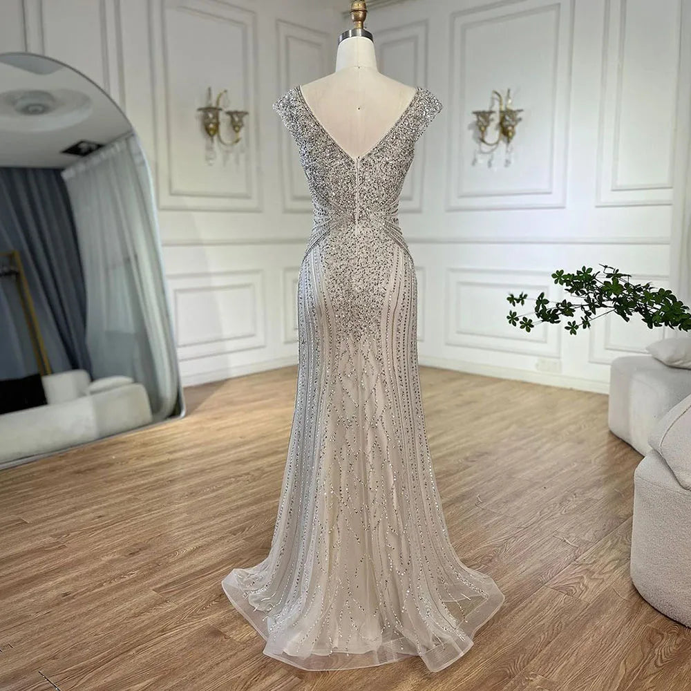 Elegant Beige Sleeveless Mermaid Evening Dress with Beaded Arabic Design for Women - Dubai Serene Hill LA72456 | Perfect for Wedding Parties, Formal Events & Special Occasions 2025
