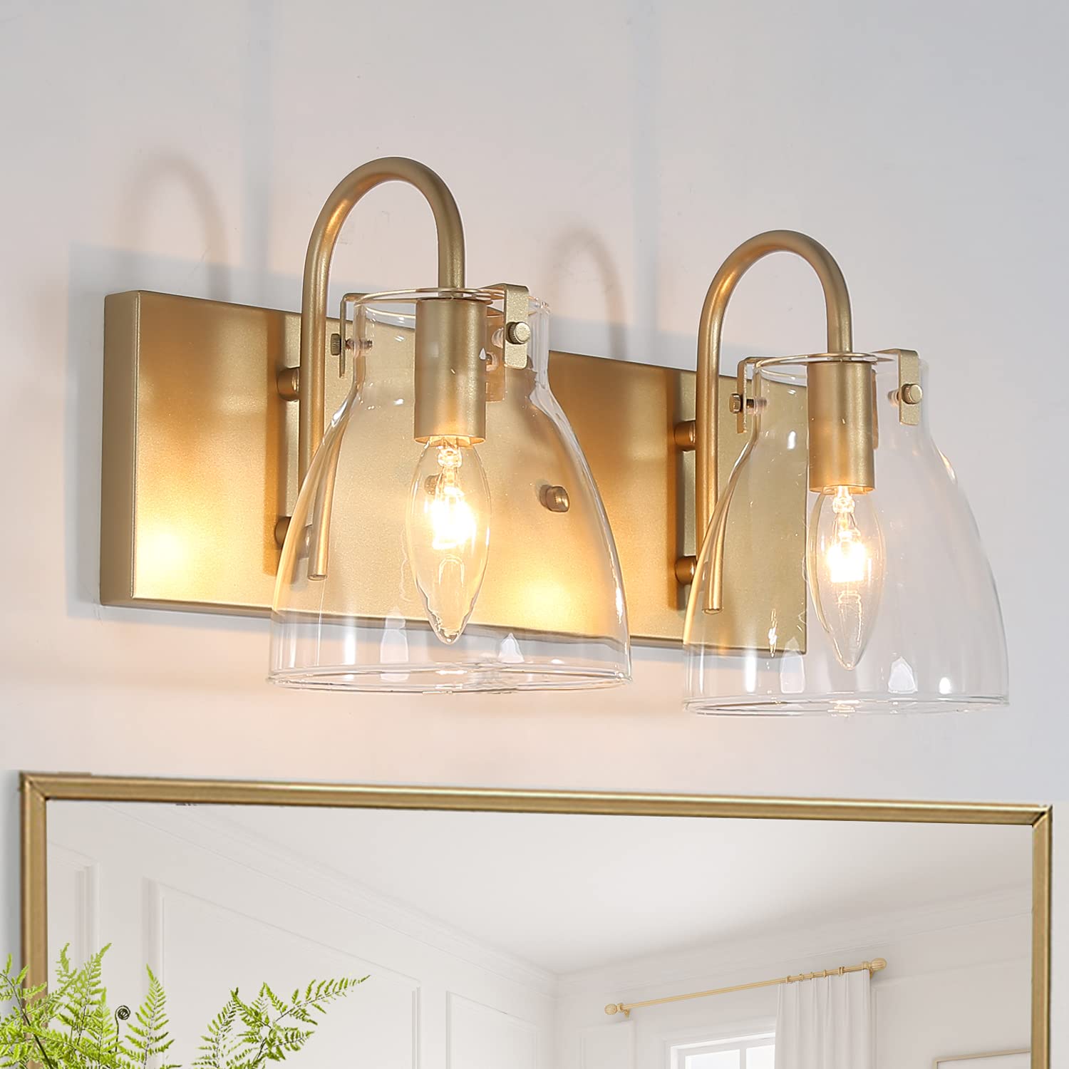 KSANA Gold Bathroom Vanity Light Fixture - 2 Lights with Clear Glass Shade for Bathroom, Kitchen & Hallway - 13.5
