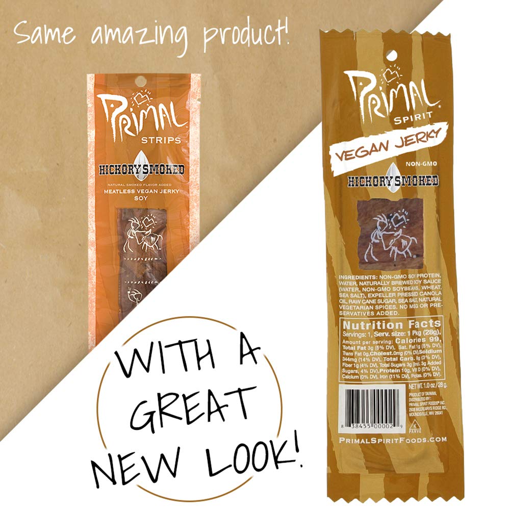 Primal Spirit Vegan Jerky - Hickory Smoked Classic Flavor | 24 Pack (1 oz Each) | Plant-Based Protein Snack | Non-GMO, No Preservatives | Perfect for Hiking, Camping & Sports Nutrition