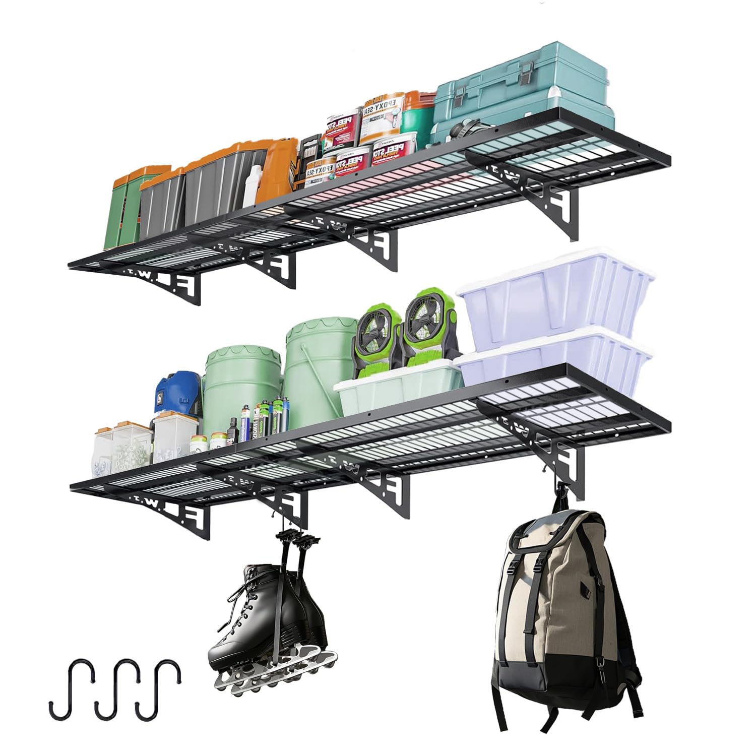 4 Pack Heavy Duty Garage Wall Shelves - 1.5' x 3.8' Wall Mount Storage Shelving with Hooks, 250 lbs Capacity Each - Perfect for Garage Organization, Basement Storage & Workshop Shelving Solutions