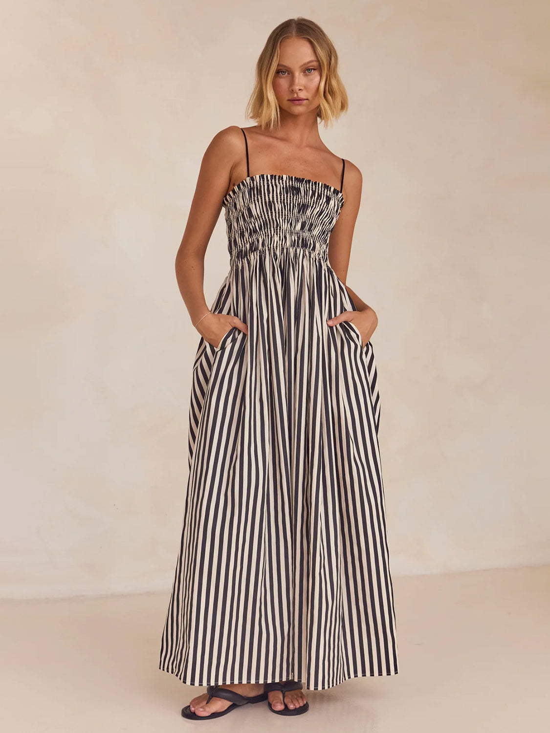 Elegant Striped Square Neck Beach Maxi Cami Dress for Women - Summer Vacation, Pool Party & Boho Chic Outfit