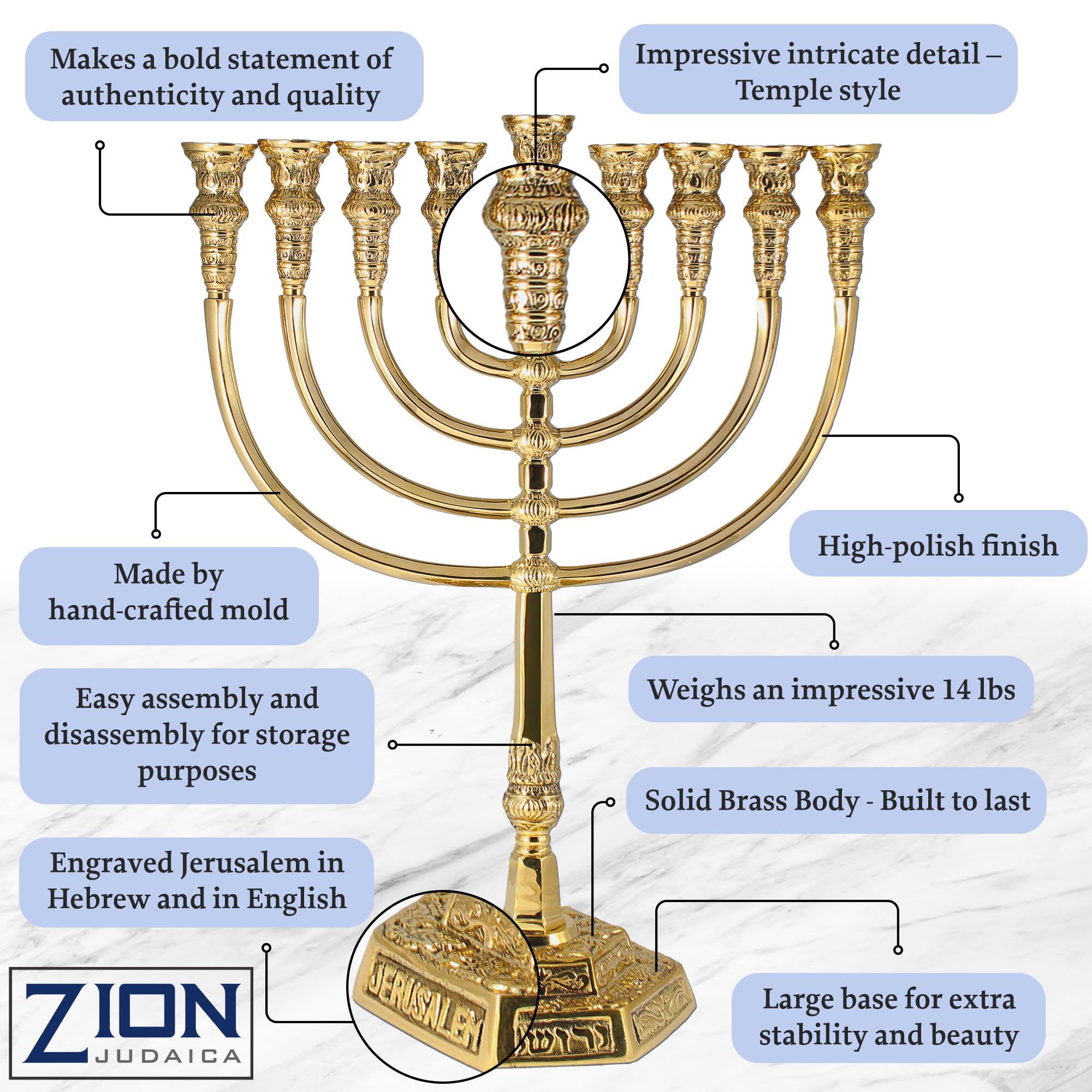21'' Solid Brass Hanukkah Menorah - Temple Style Chanukiah for Shabbat Candles & Oil Cups | Elegant Judaica Candelabra for Synagogue, Home & Business Decor | Perfect for Hanukkah Celebrations & Jewish Holiday Displays
