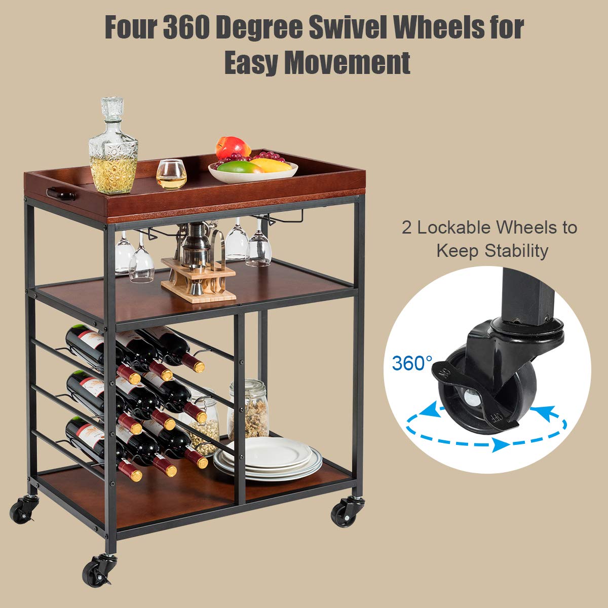 Giantex 3-Tier Rolling Kitchen Island Cart with Wine Rack & Glasses Holder - Industrial Style Serving Cart, Utility Cart with Metal Frame & Casters, Rustic Brown - Perfect for Small Kitchens, Dining Rooms & Home Bars